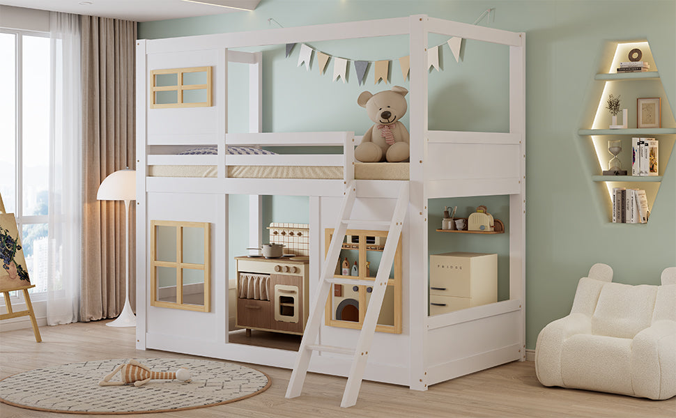 Bunk Bed, Kids with Windows, Ladder & Fencing, Pine + MDF + Plywood