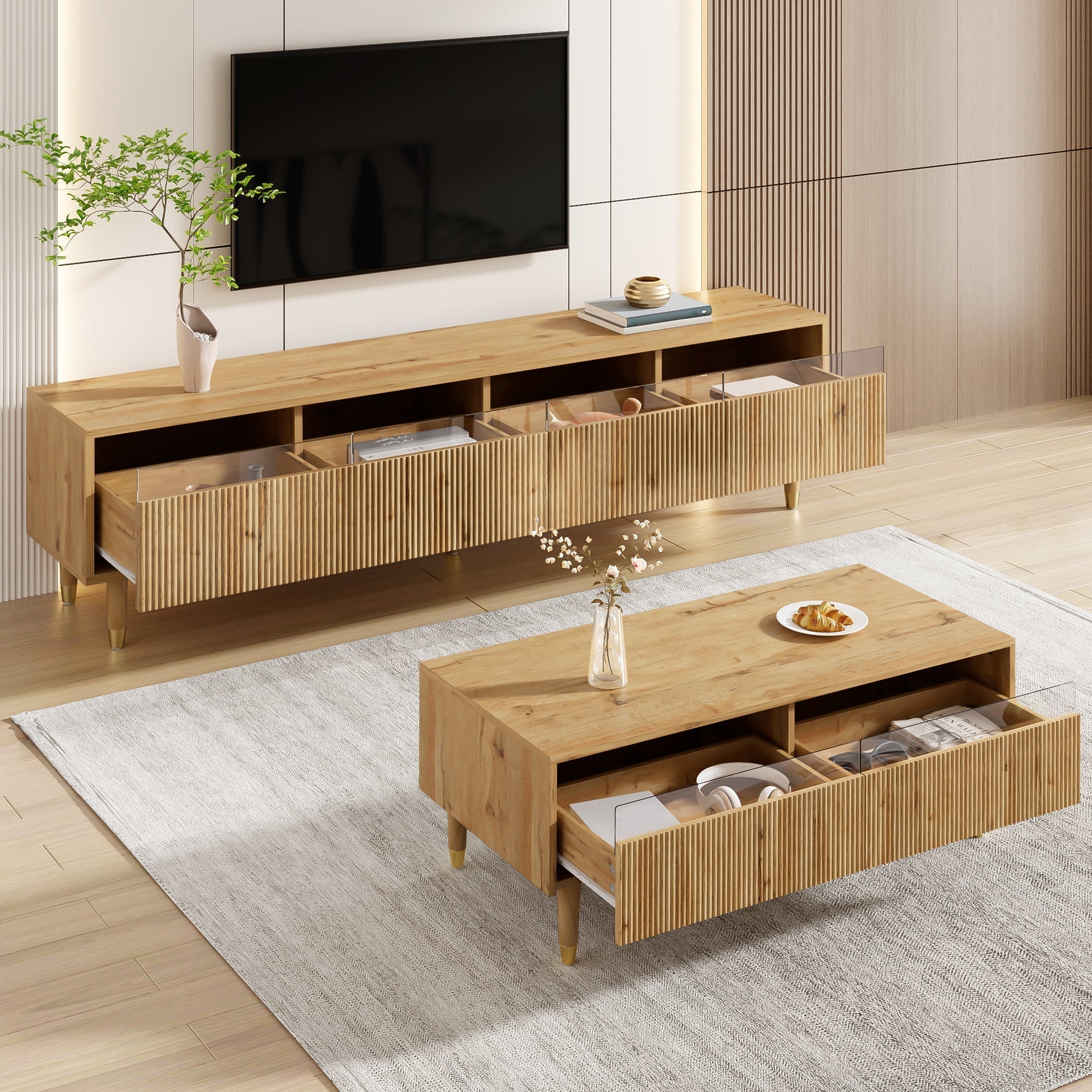 Modern LED Furniture Set: TV Cabinet 4 Doors Coffee Table 2 Drawers, Wood-Gold Design