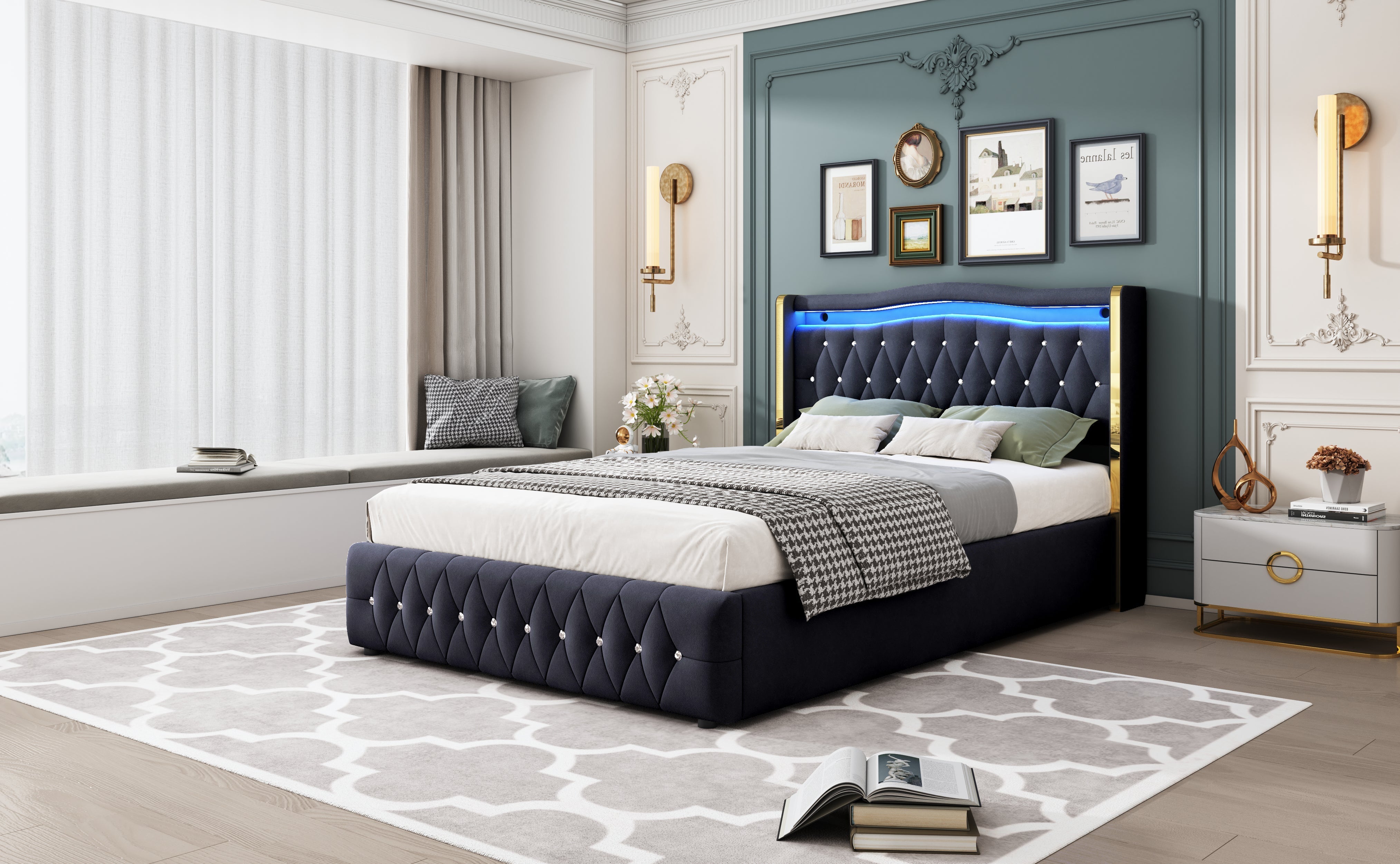 Upholstered Double Bed with LED Lights and Hydraulic Storage, Velvet