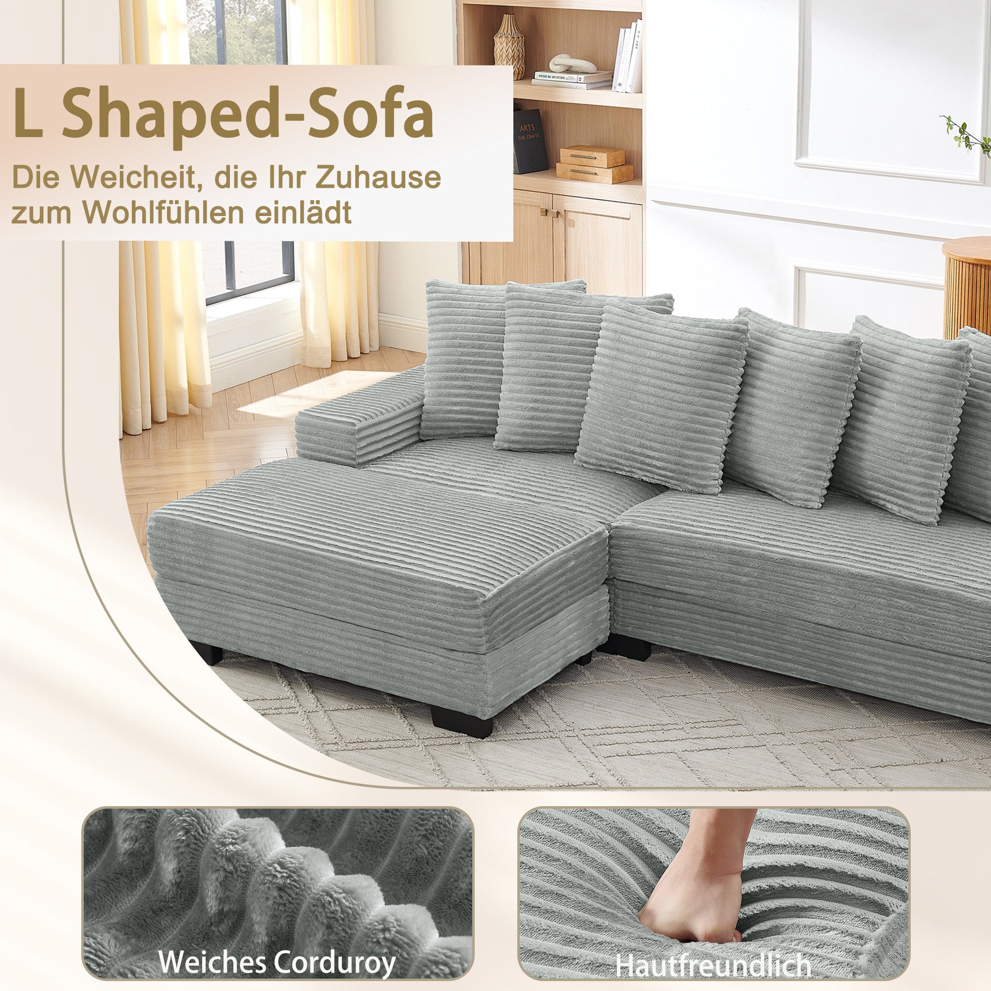 L-shaped Corner Sofa 4-Seater Modular Corduroy with 6 Cushions - Gray