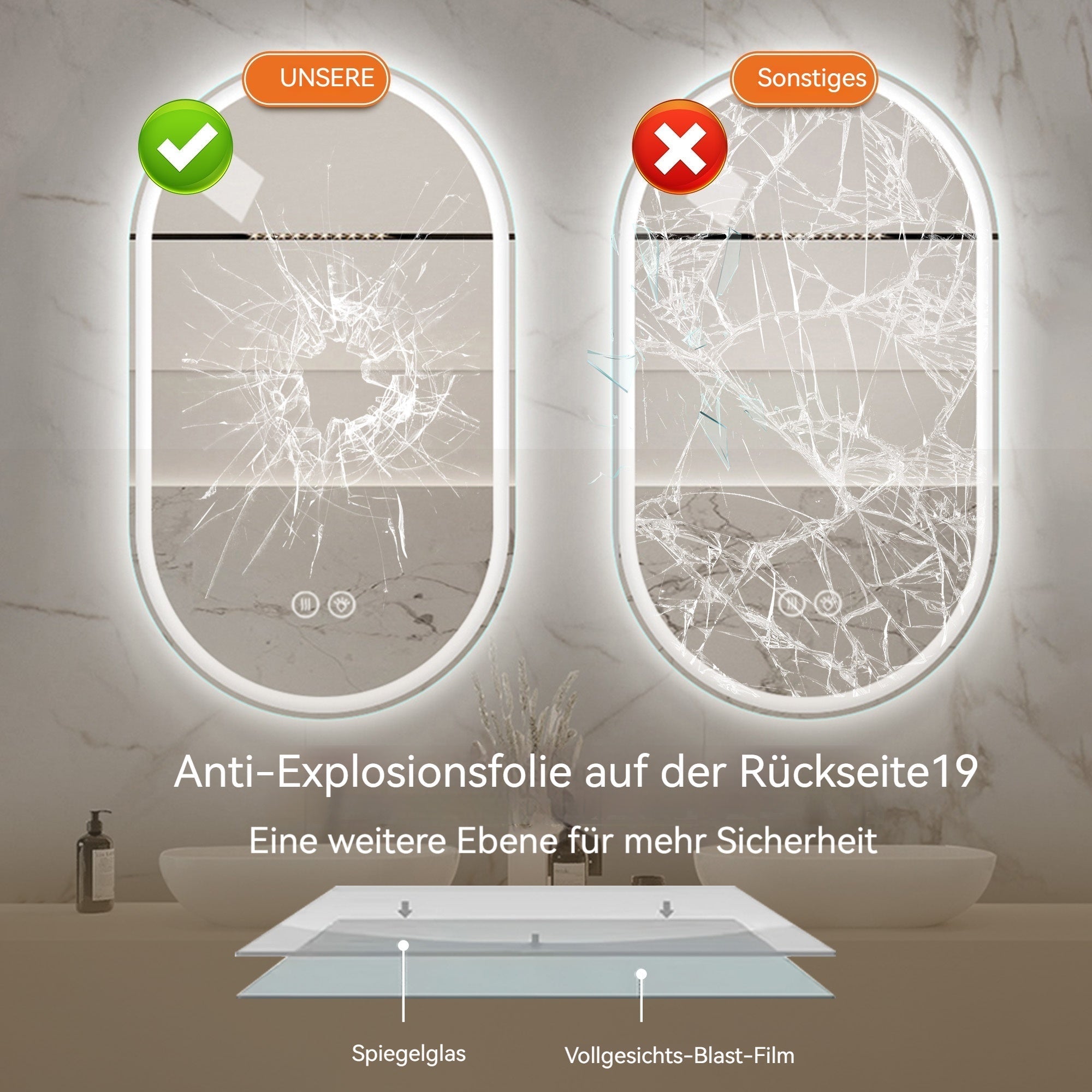 Rahmenloser ovaler Smart-Spiegel, 60x100cm, Antibeschlag-Touchscreen-Badezimmerspiegel, Glas