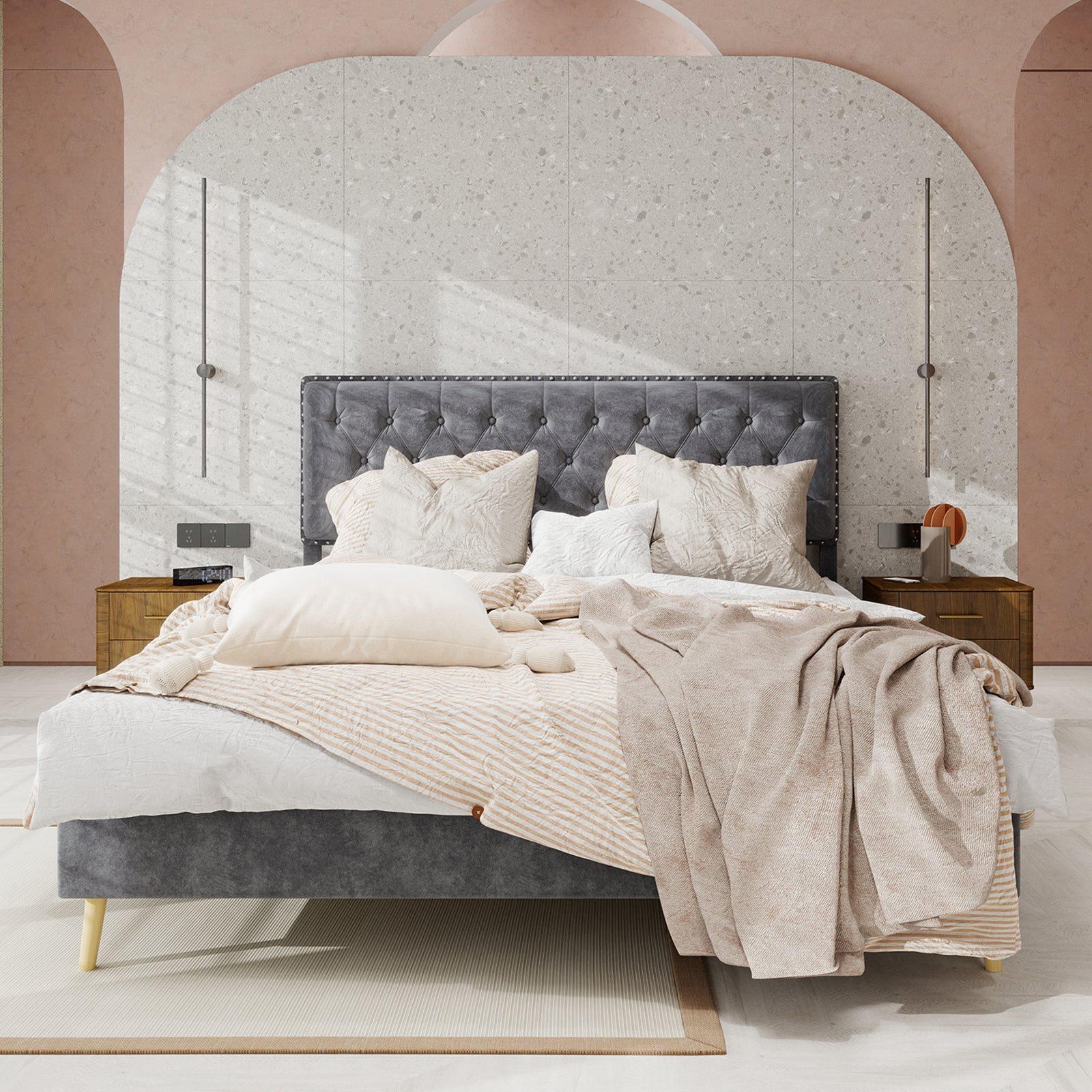 Soft Bed, Modern Minimalist Headboard 140x200CM, Gray
