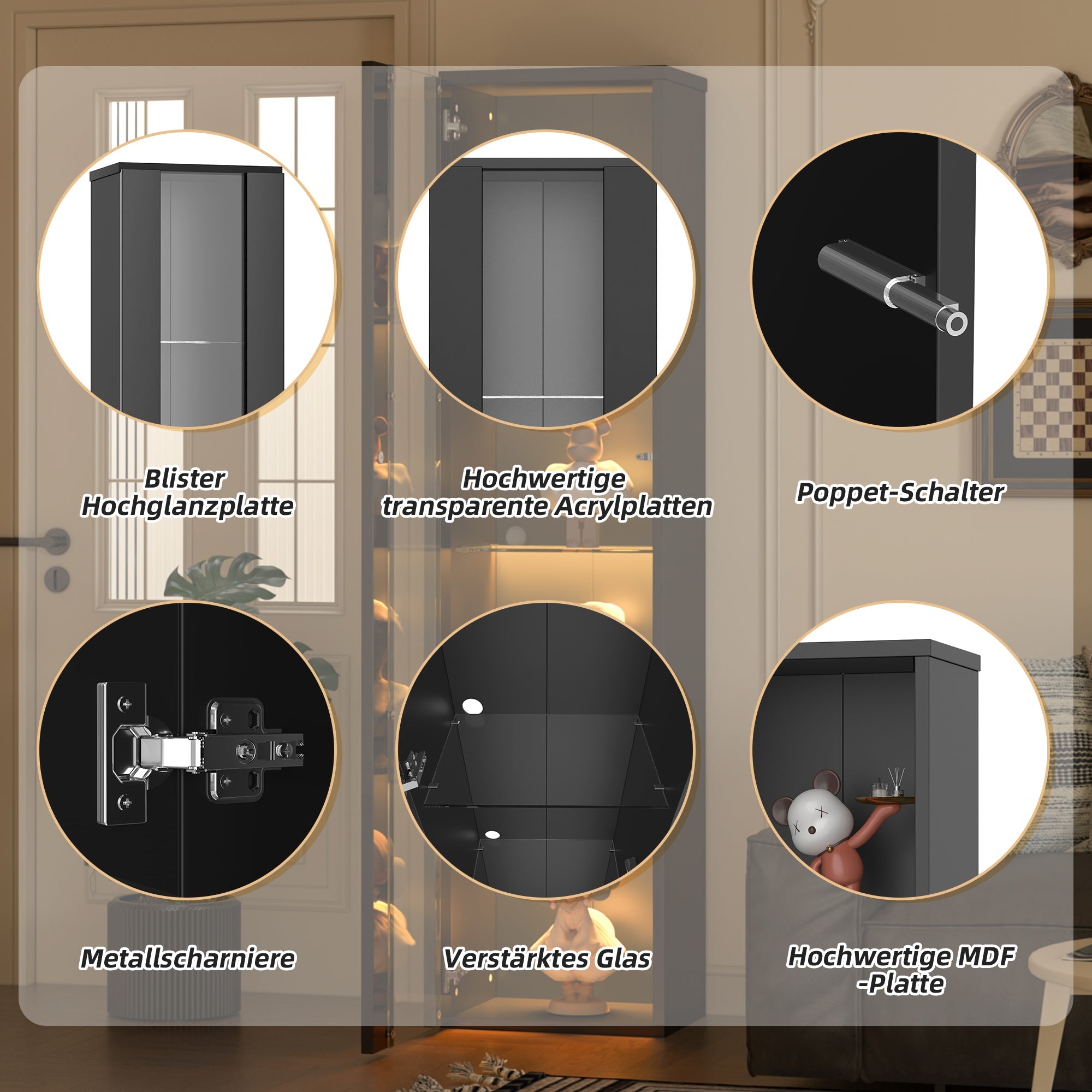 Display Case 40x29x170cm LED Light App Control Glass Partition - Black