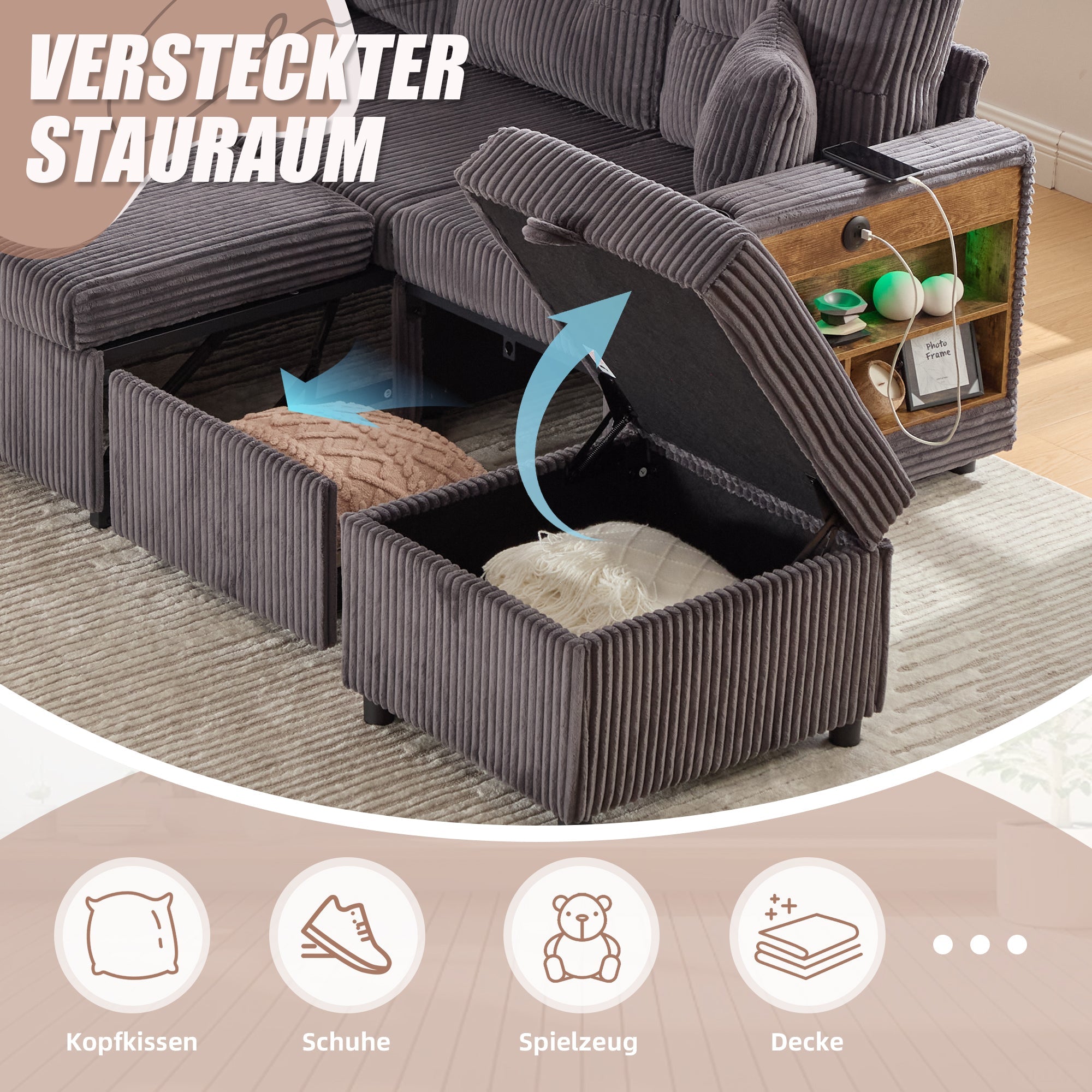 Multifunctional Sofa with Storage & Pull-Out Bed, USB-C, Ambient Light, Corduroy
