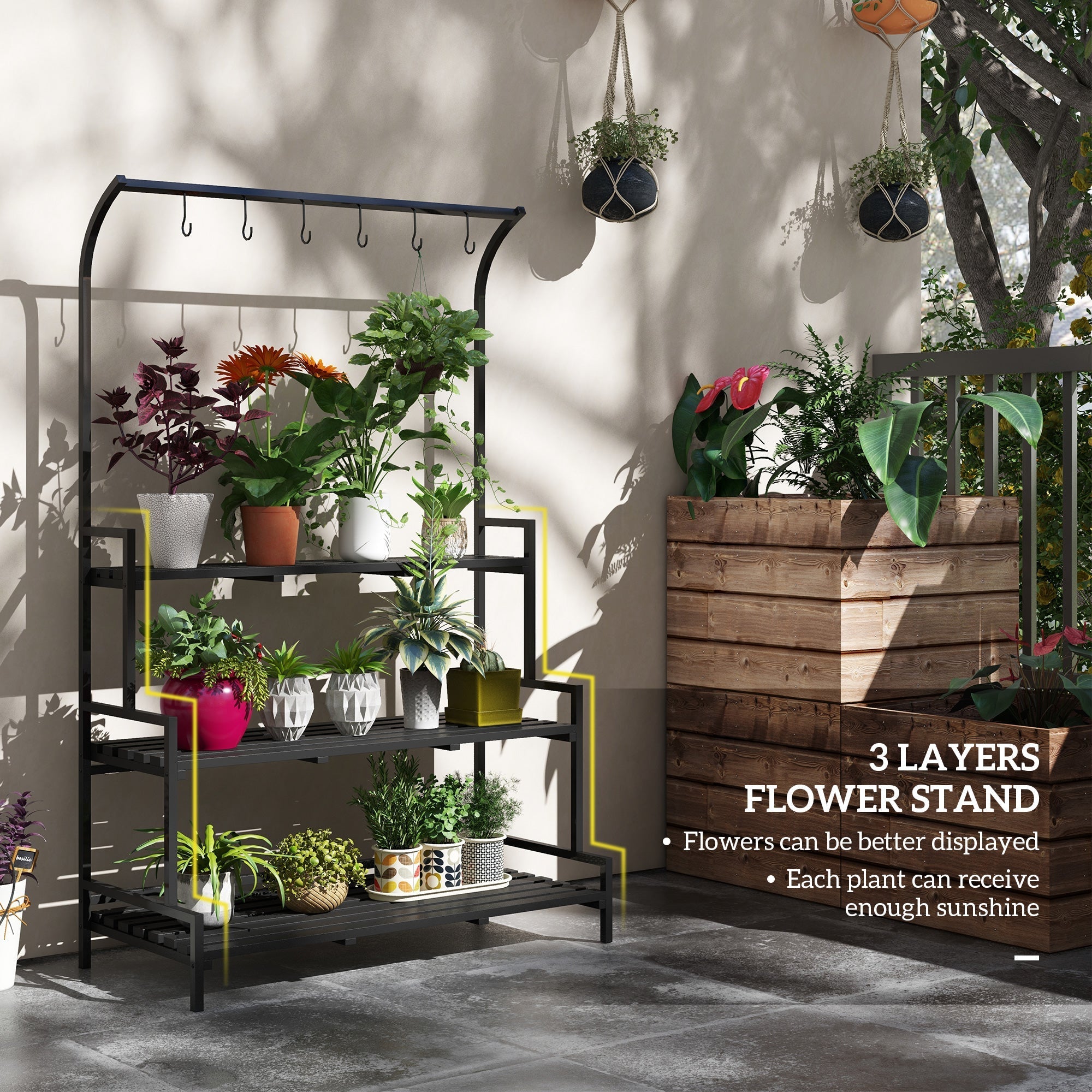 3 Tiered Plant Rack with Hanging Hooks, Indoor/Outdoor Tall Plant Stand, Black