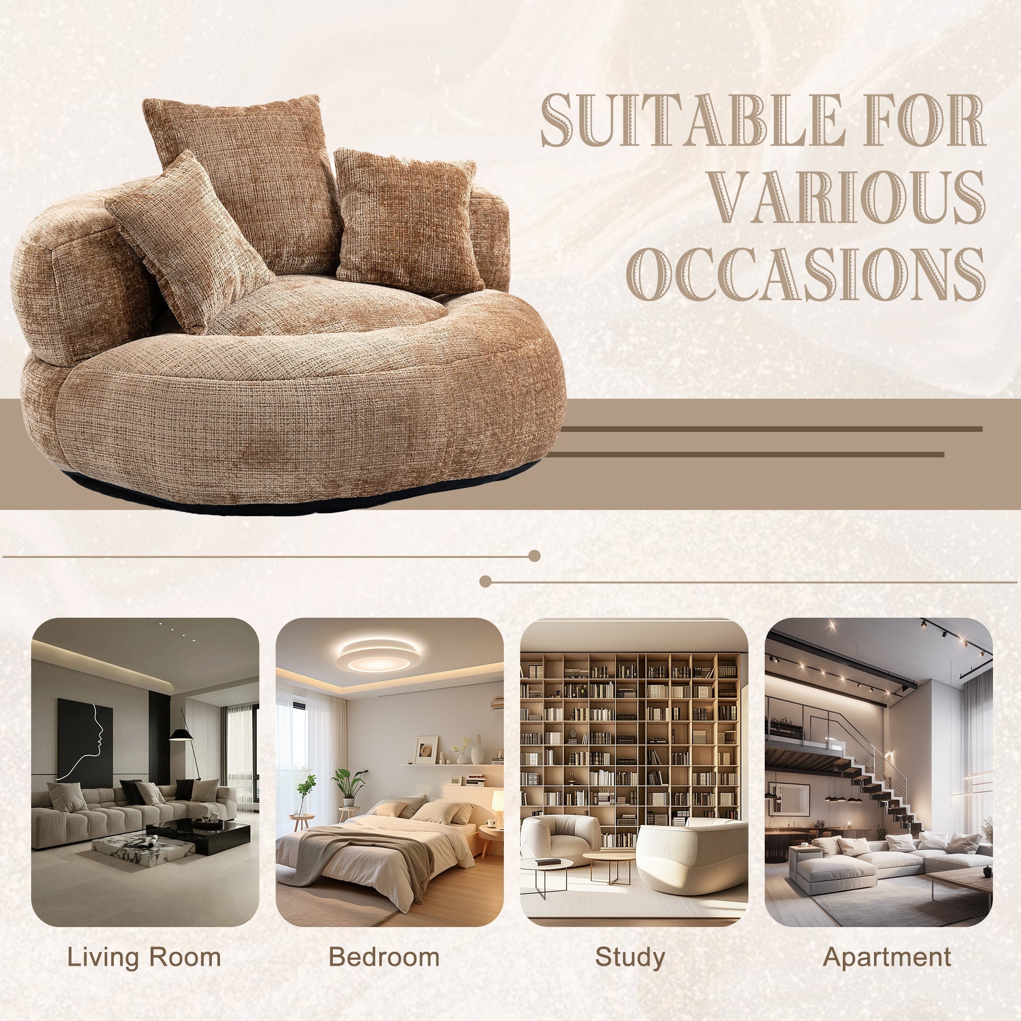 COOLMORE Lazy Sofa, Durable Comfort Lounger with Three Pillows, Coffee Chenille