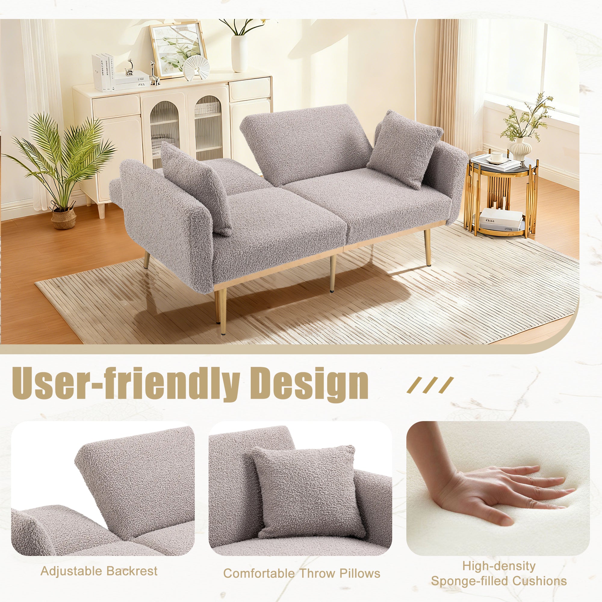 GOMYWAY Modern 2-Seater Sofa 3-Speed Adjustable Backrest Gold Metal Legs Grey Teddy
