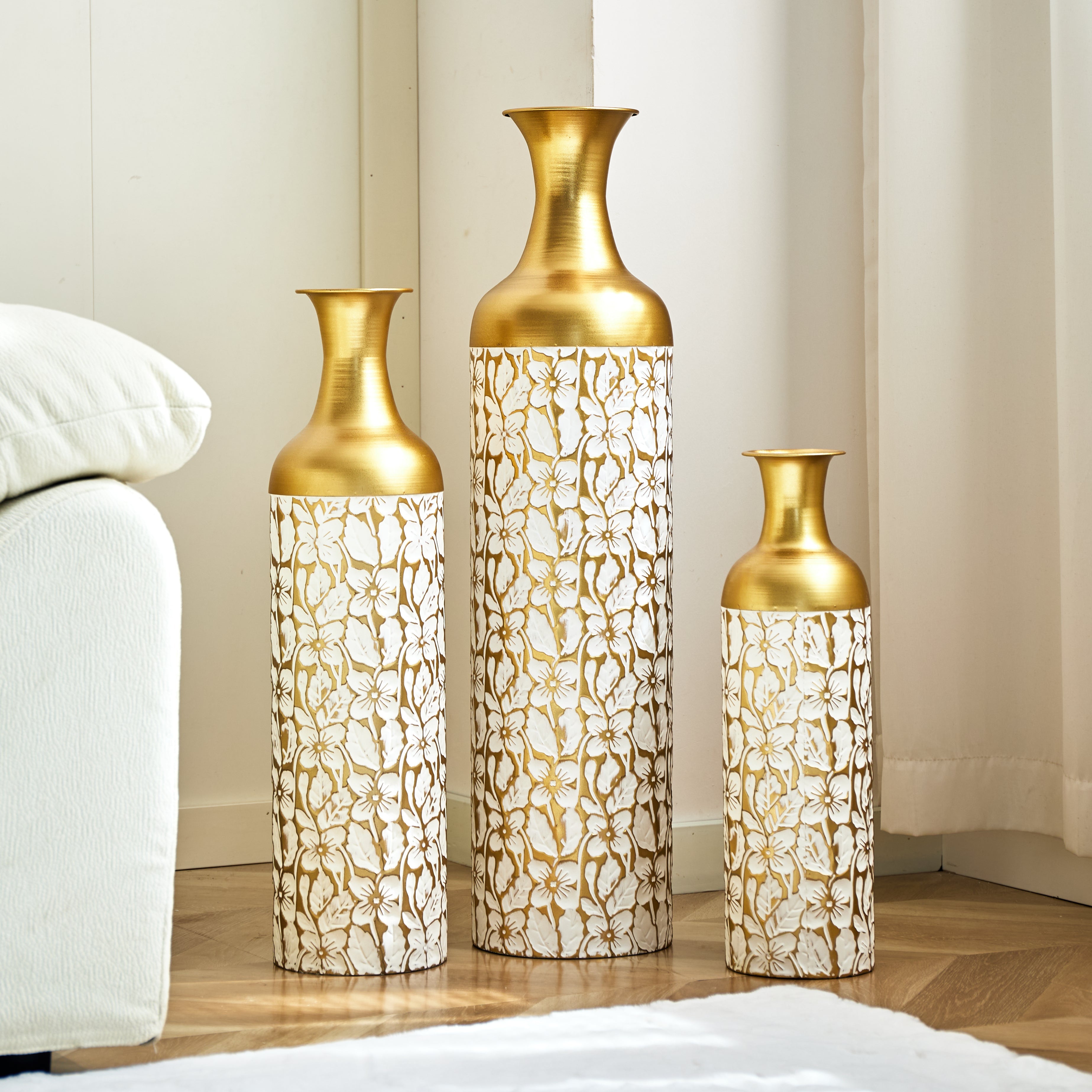 Floor Vase Set 3 Retro 83/65/50cm High White Gold Metal