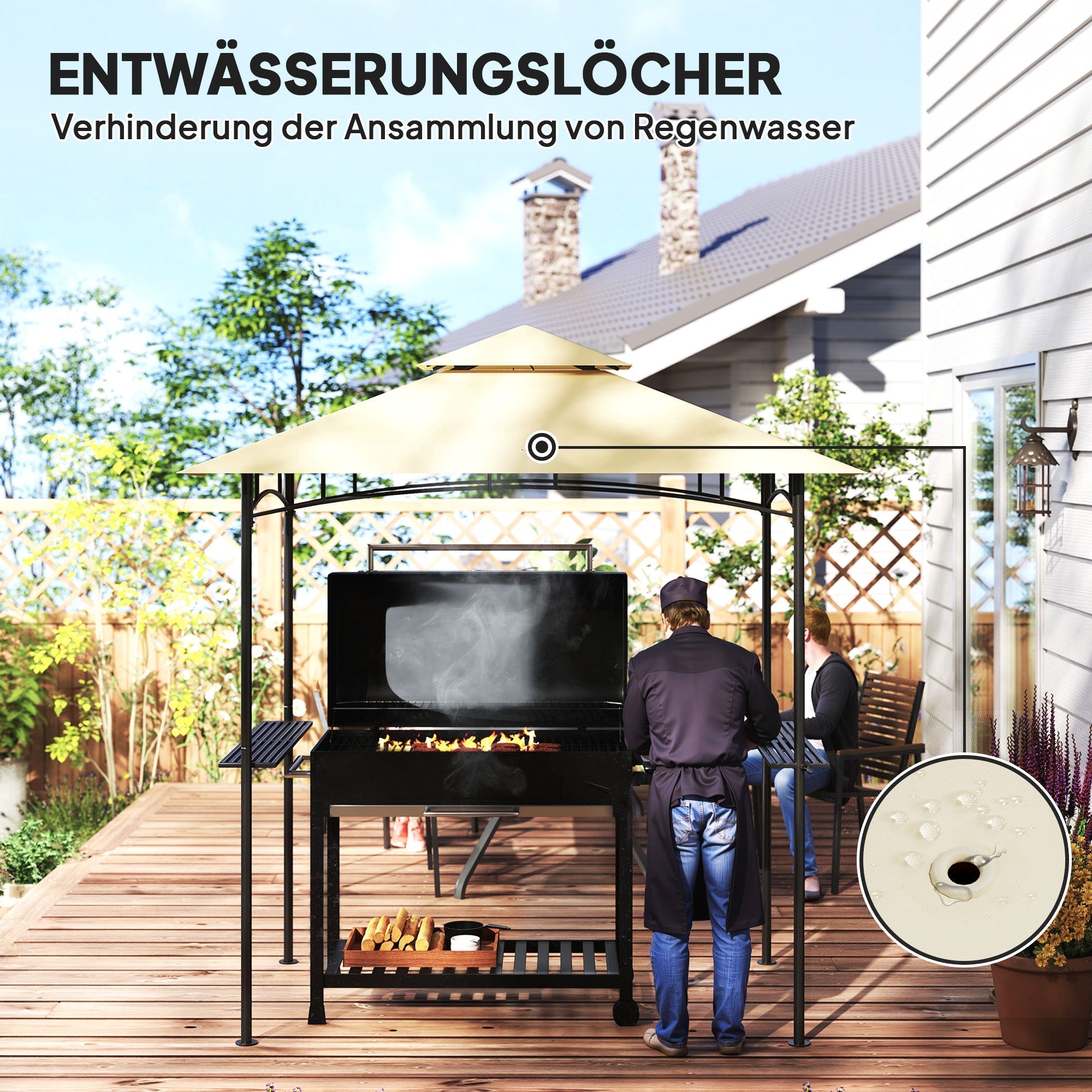 BBQ Pavilion, LED Double-layer Roof Side Shelves, Beige