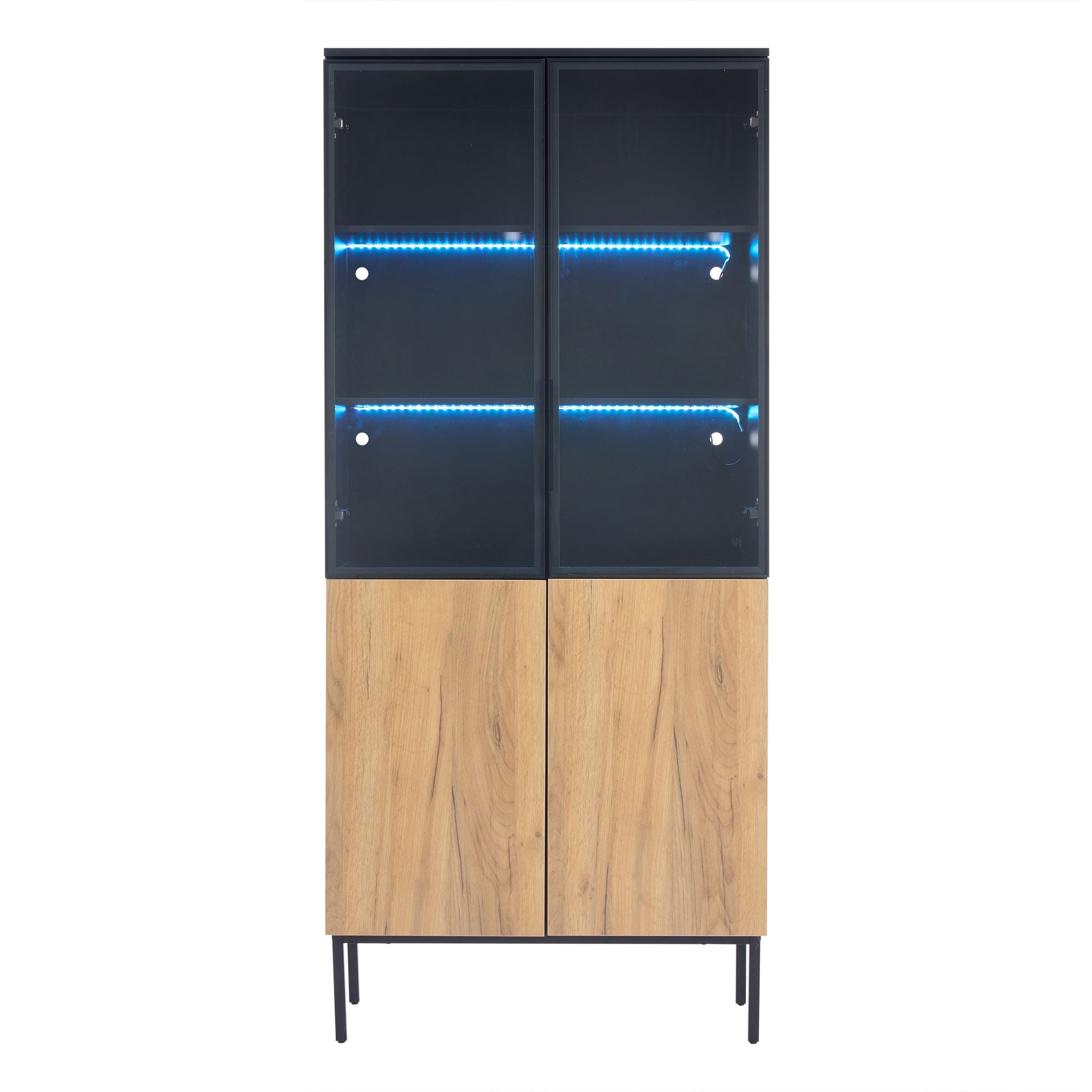 Glass-fronted Display Cabinet 180cm 5-Tier LED Bookcase Black/Oak