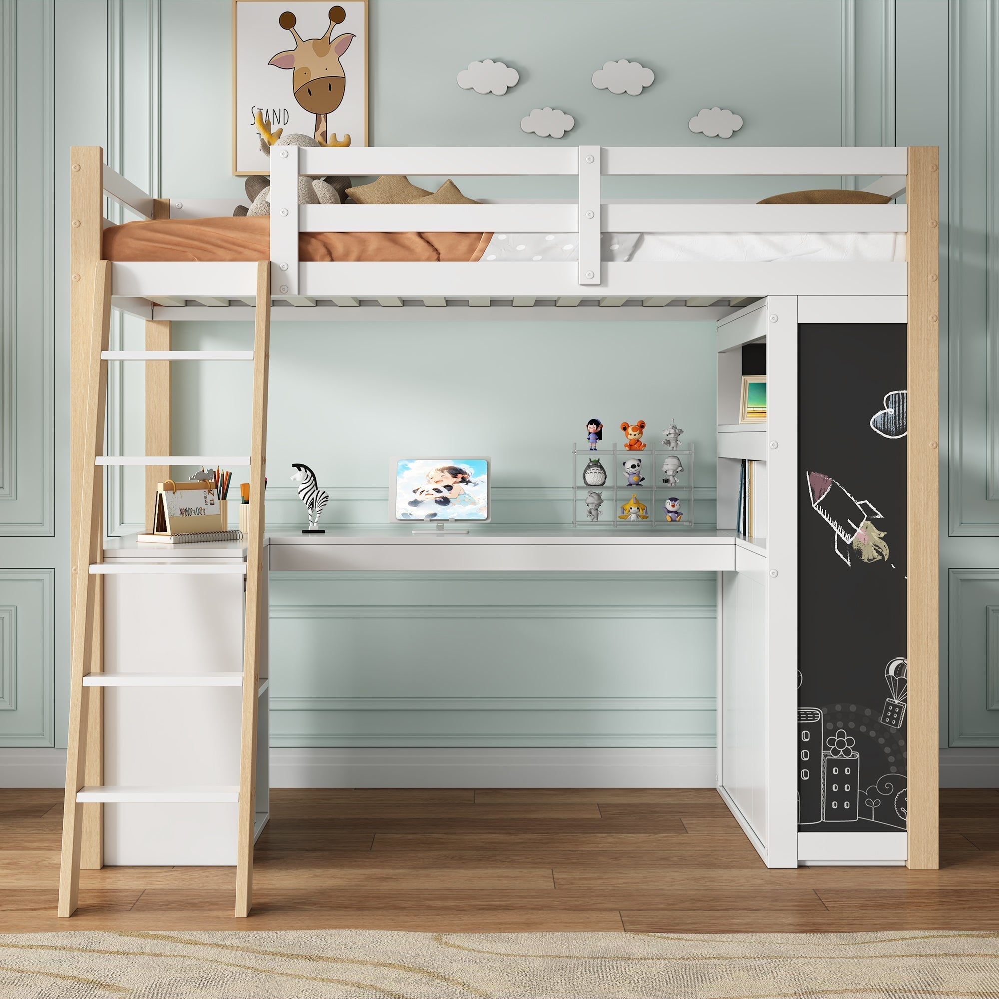 Children's Loft Bed 90x200cm Desk Ladder Storage & Chalkboard - White/Natural