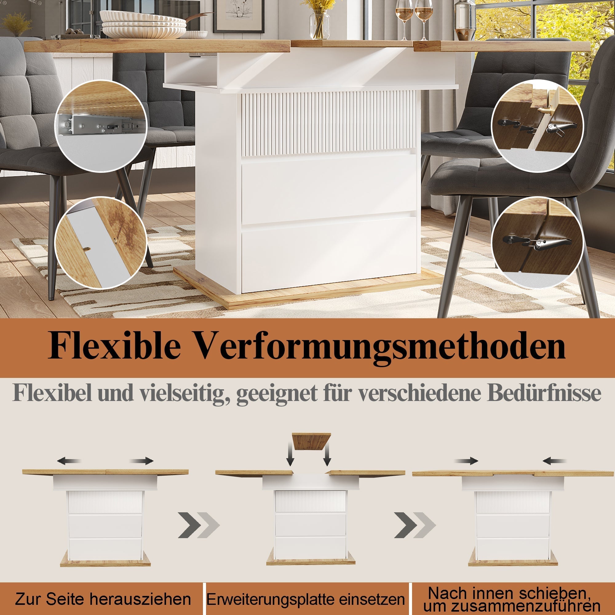 Extendable Telescopic Dining Table with Three Shelves for 4-6 People, White