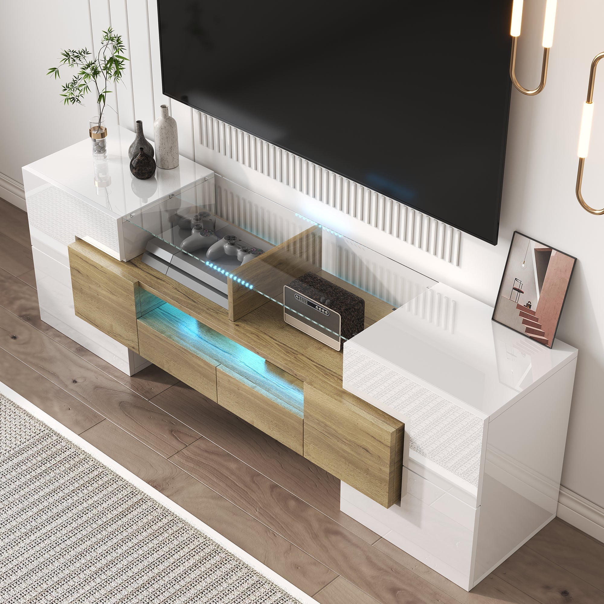 TV Cabinet, 145 cm LED Lighting, High-Gloss White Glass