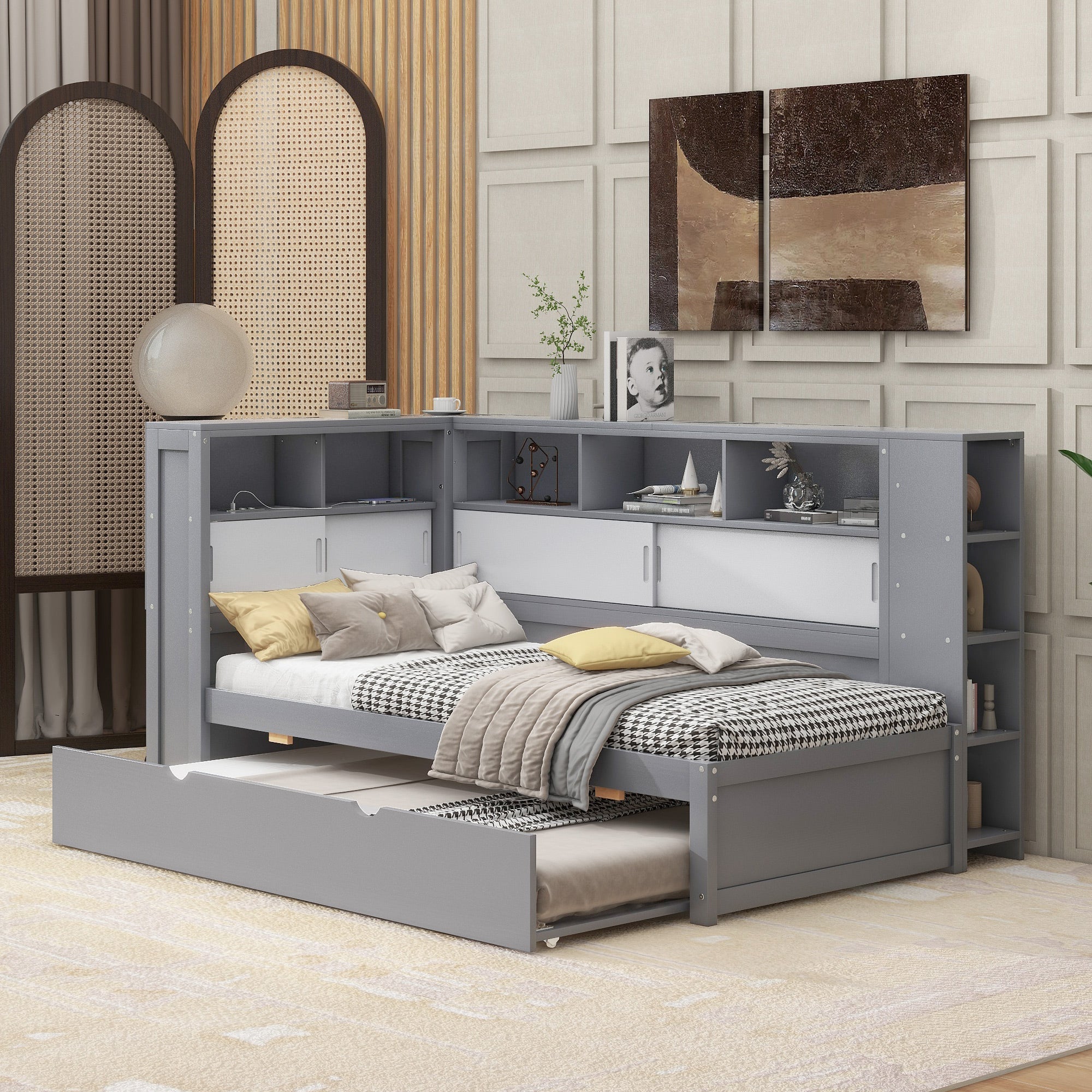 Daybed Sofa Bed 90x200cm Pull-out Storage USB Port - Grey Chipboard