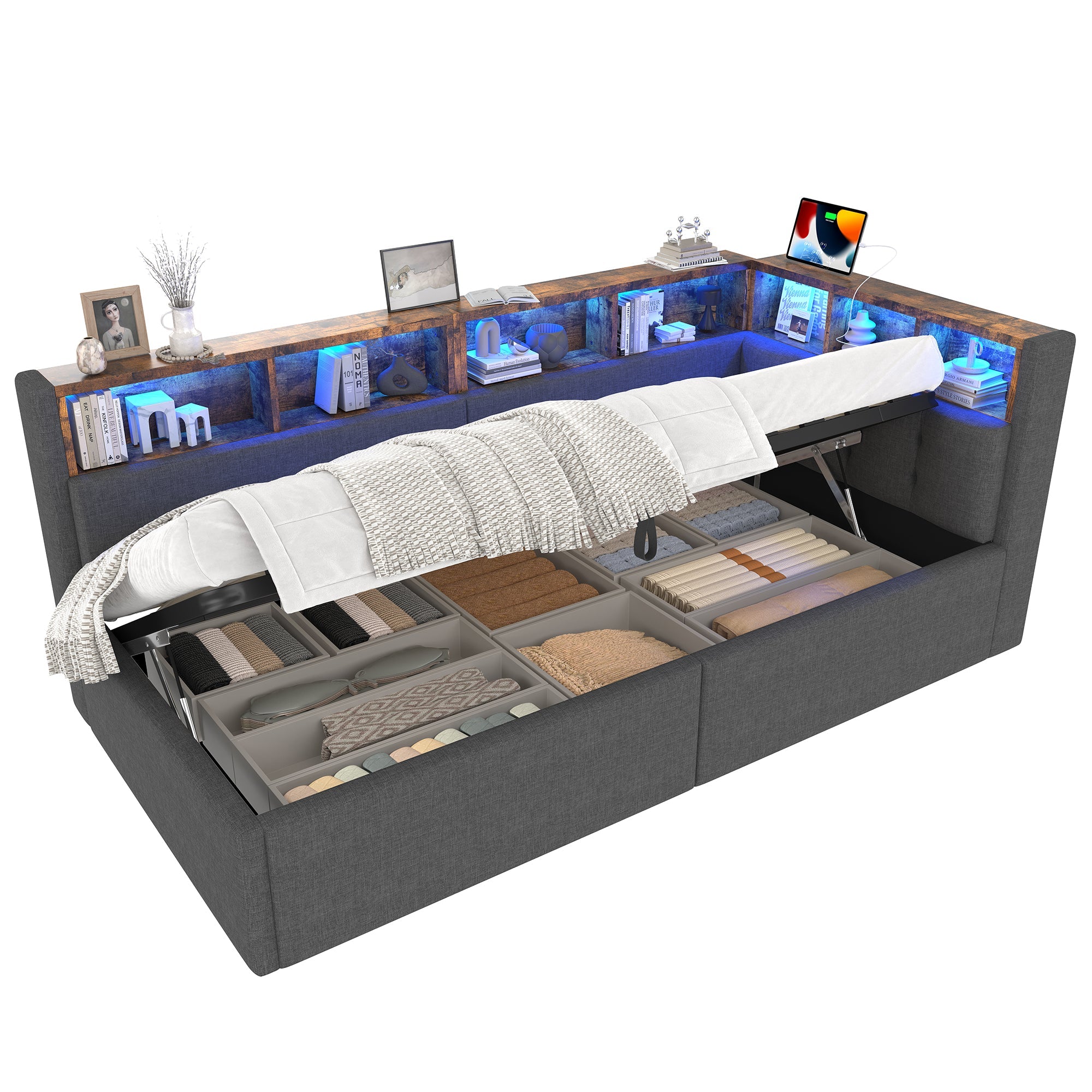 Daybed 90x200cm Hydraulic Storage LED USB/Type-C - Linen Grey