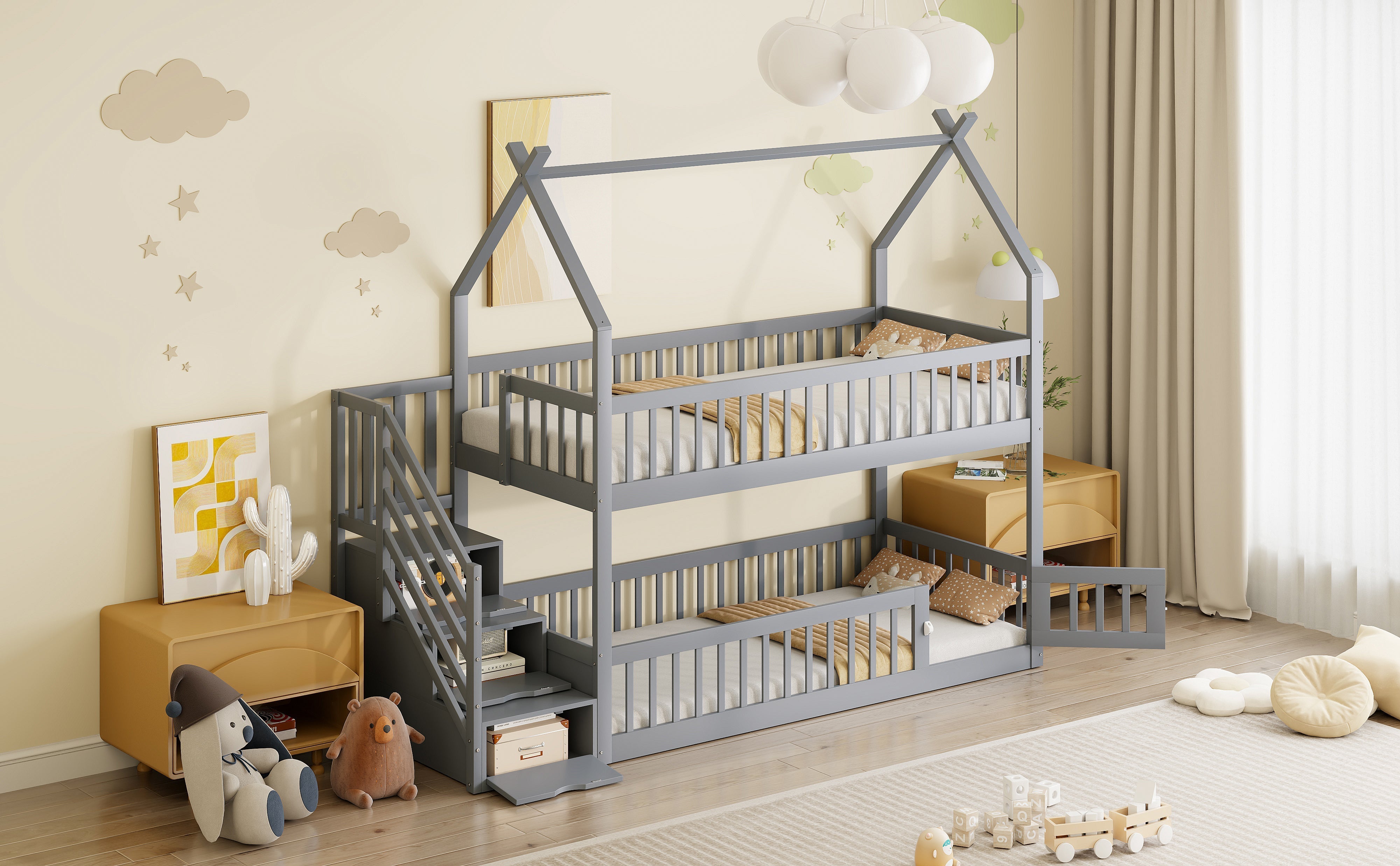 Bunk Bed, 90x200 Children's Single with Roof, Ladder & Storage Drawers, Solid Wood Gray