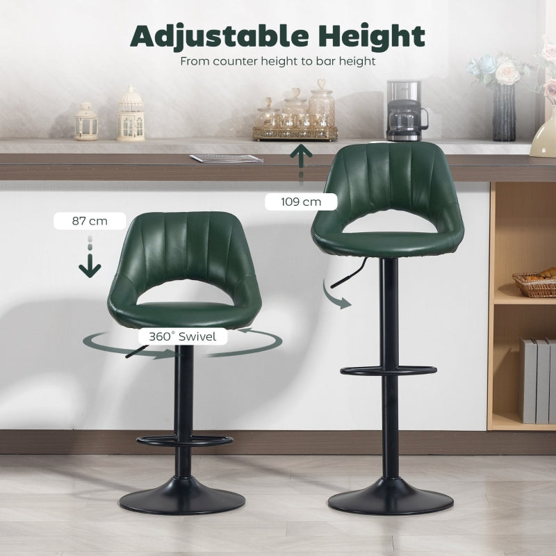 Set of Two Bar Stools Adjustable Height 360° Swivel Faux Leather Dark Green