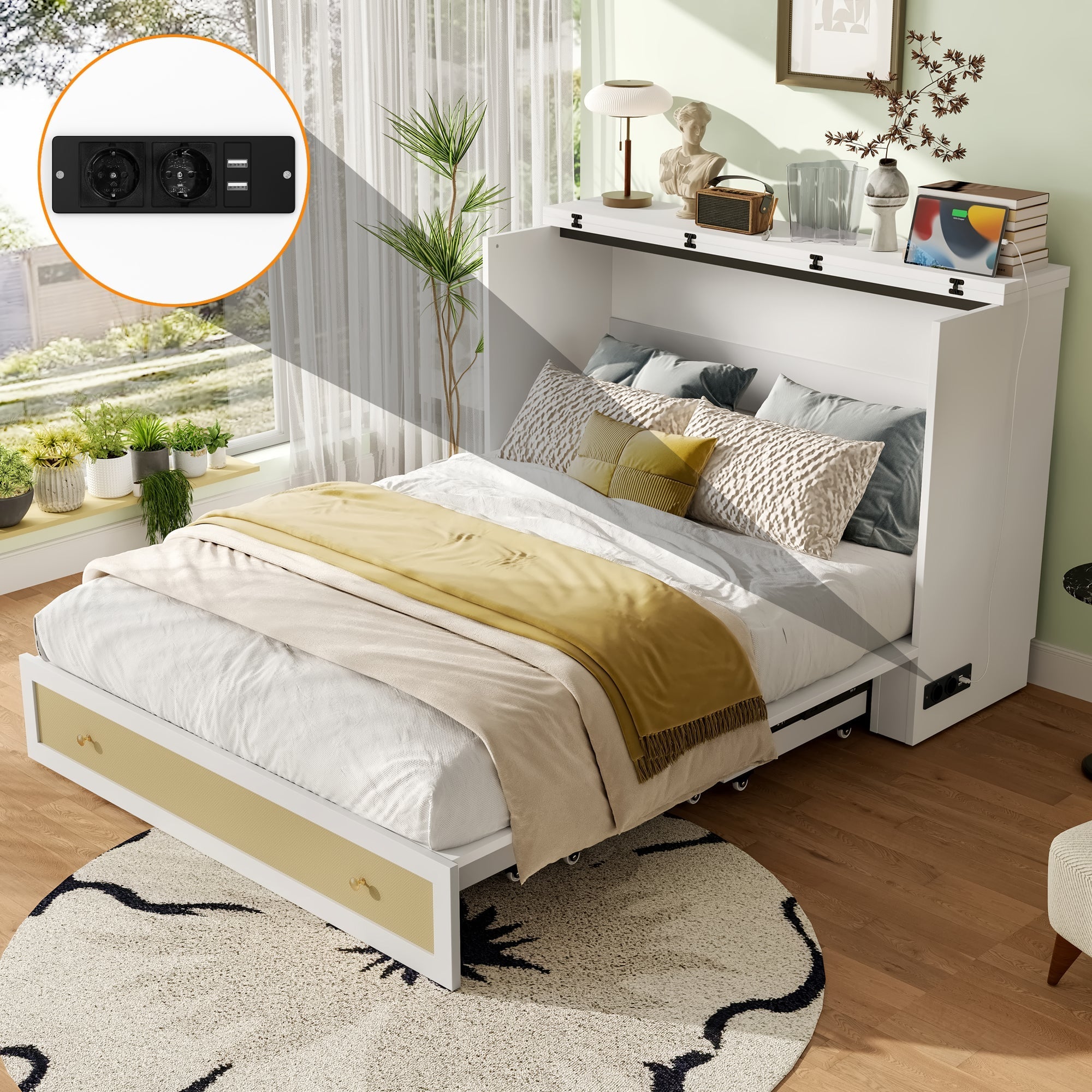 Murphy Bed with USB and Power Outlet, Convertible Platform Bed 140 x 200, White