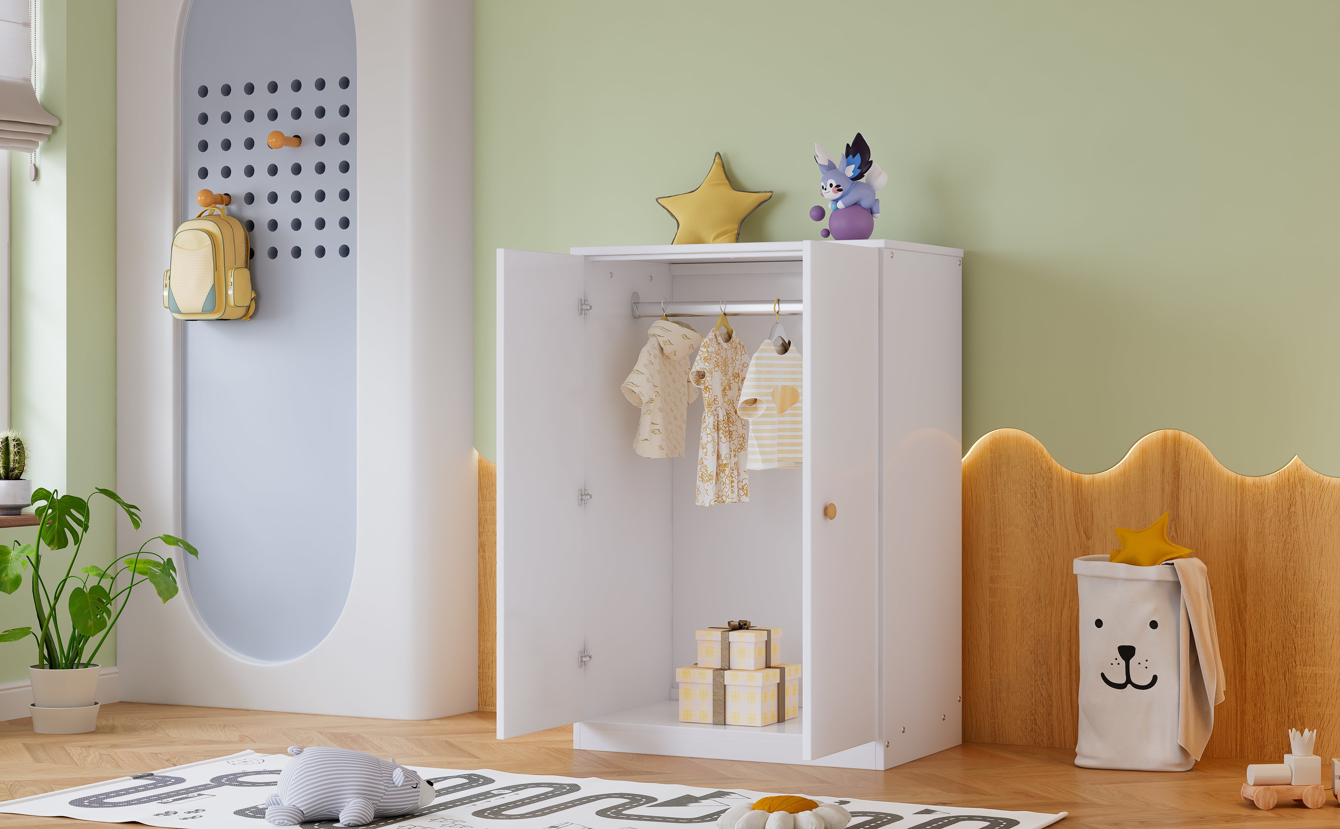 Wardrobe, Small 2-Door Hanging Rail for Bedroom/Children, MDF White