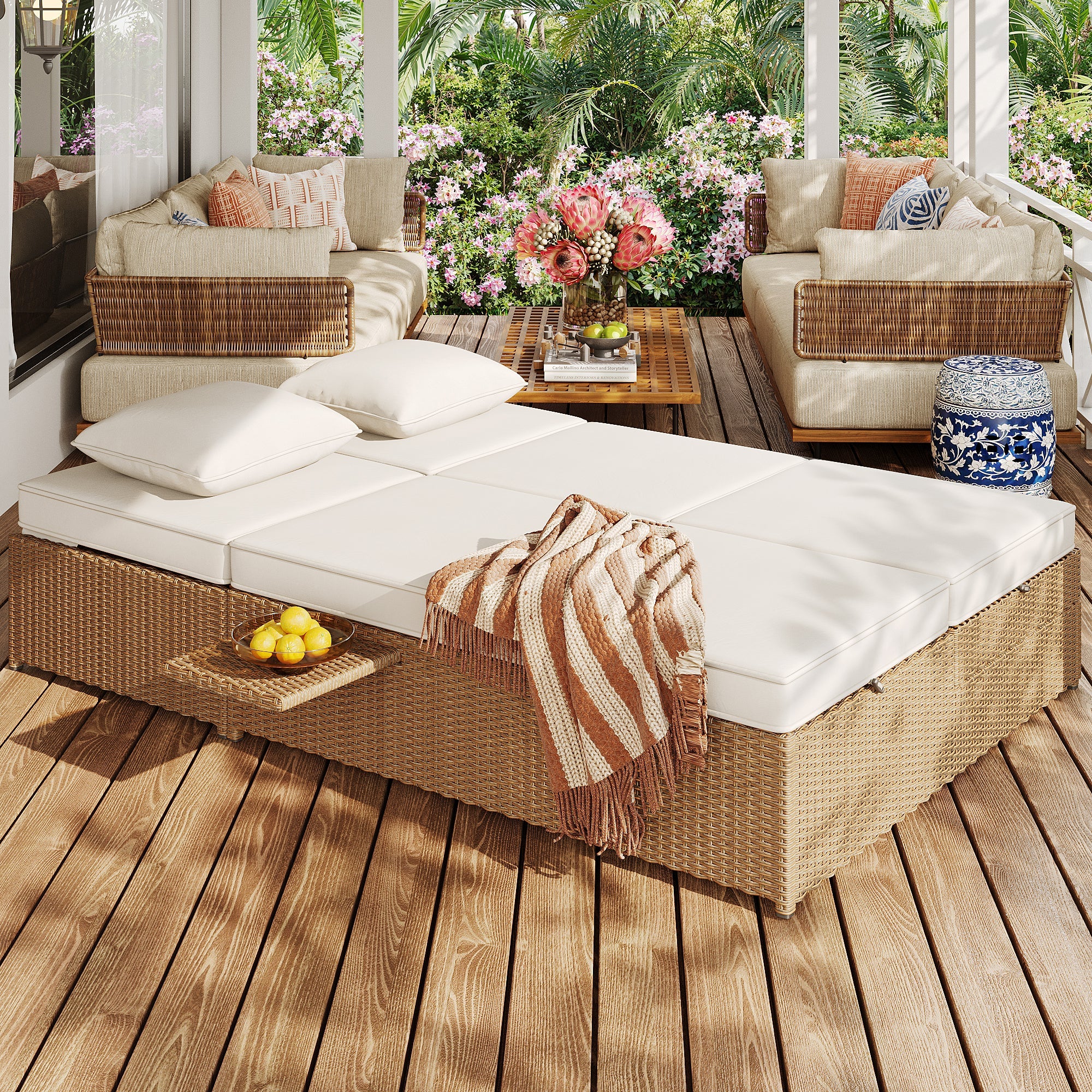 Outdoor Rattan Double Lounger - Foldable Weatherproof with Cushions - White