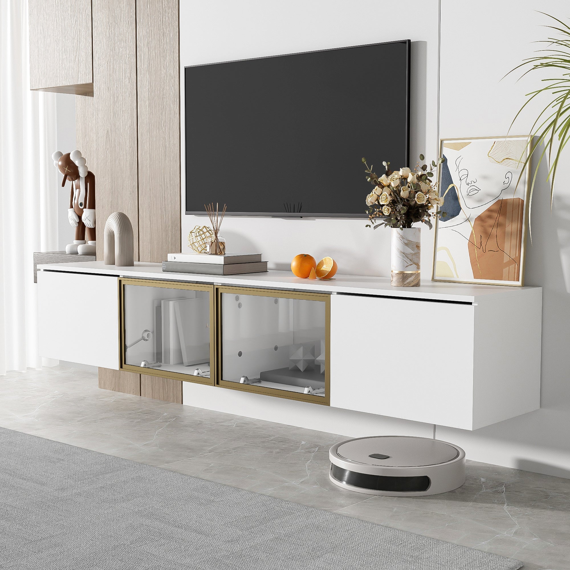 TV Cabinet 170cm Minimalist Style, Floor and Wall Mounted, 4 Doors (2 Glass Doors), White