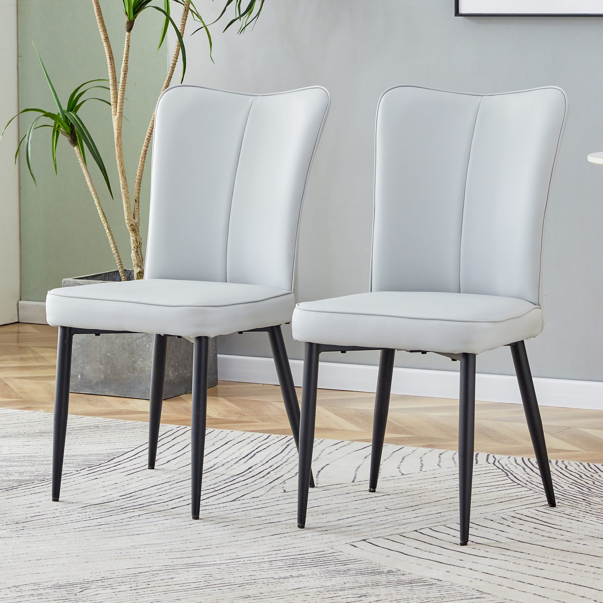 Dining Chairs Set of 2 Modern 89cm High PU Black Metal Legs Light Grey