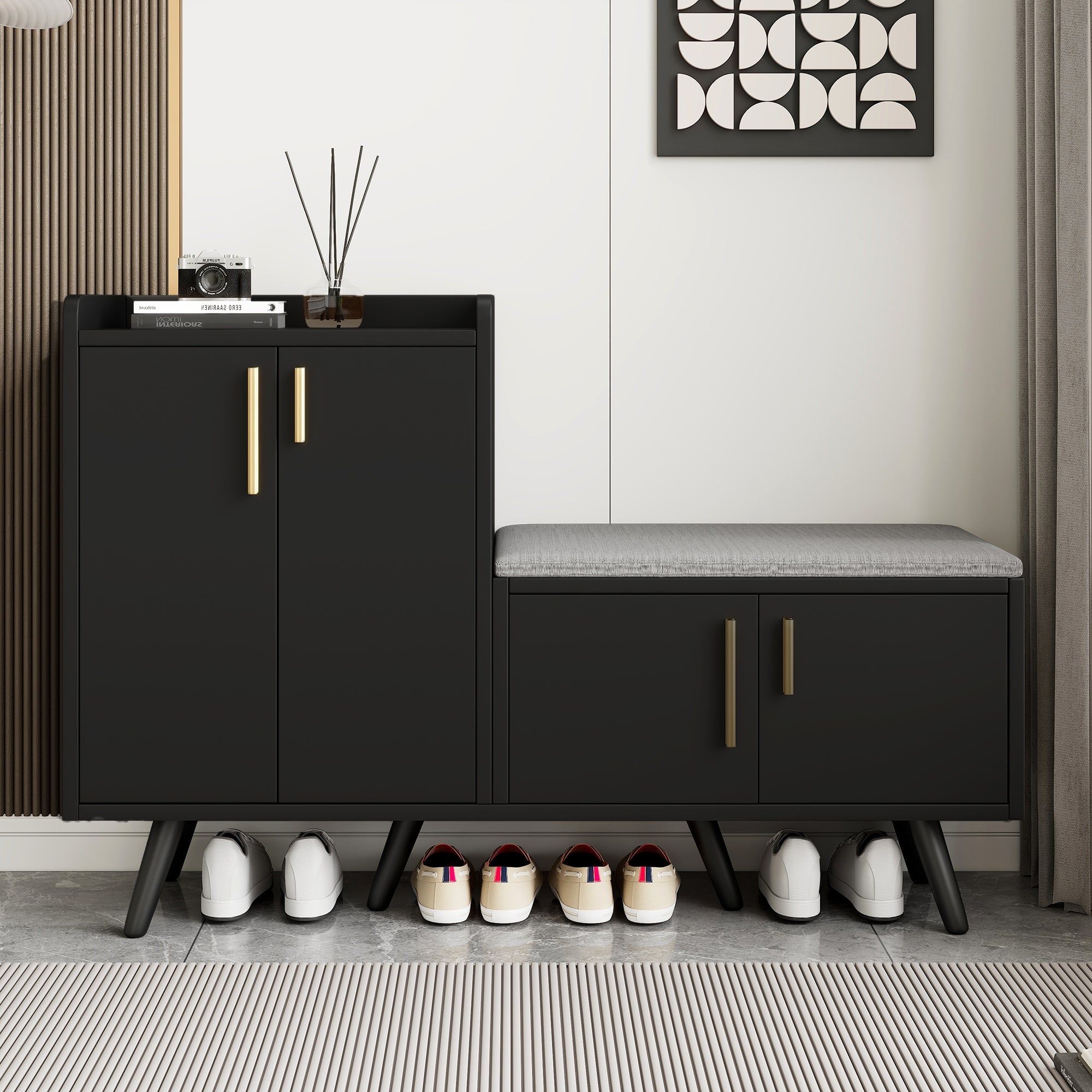 Modern Shoe Bench, Shoe Cabinet with Four Storage Doors, Black Walnut Wood
