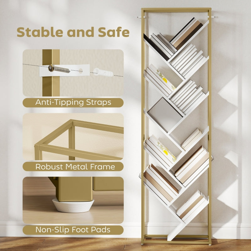 10 Shelf Bookshelf Tree Design Slim Modern Style Gold Tone/White