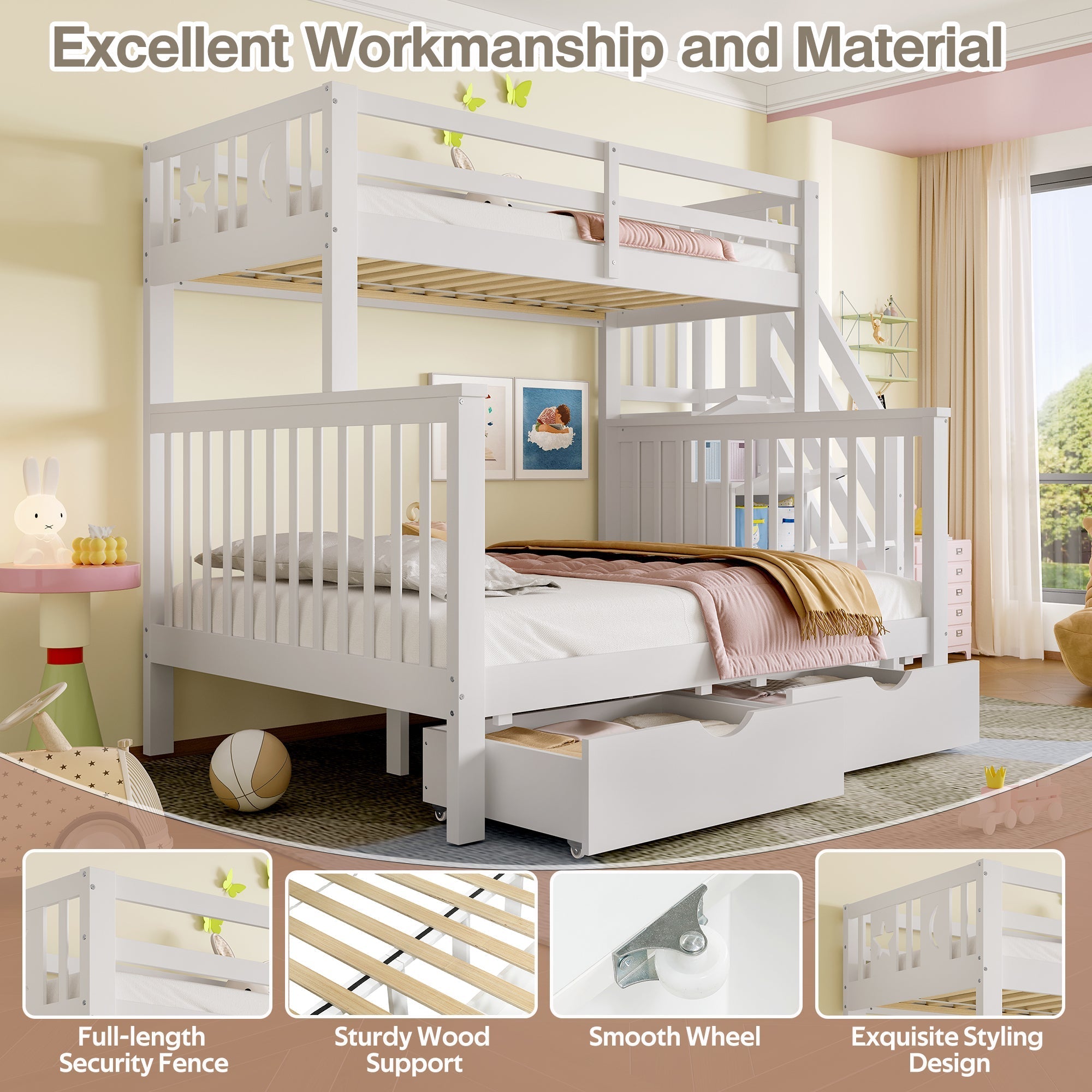 Bunk Beds for Kids, Double High Sleeper Frame with Storage & Guardrail, White