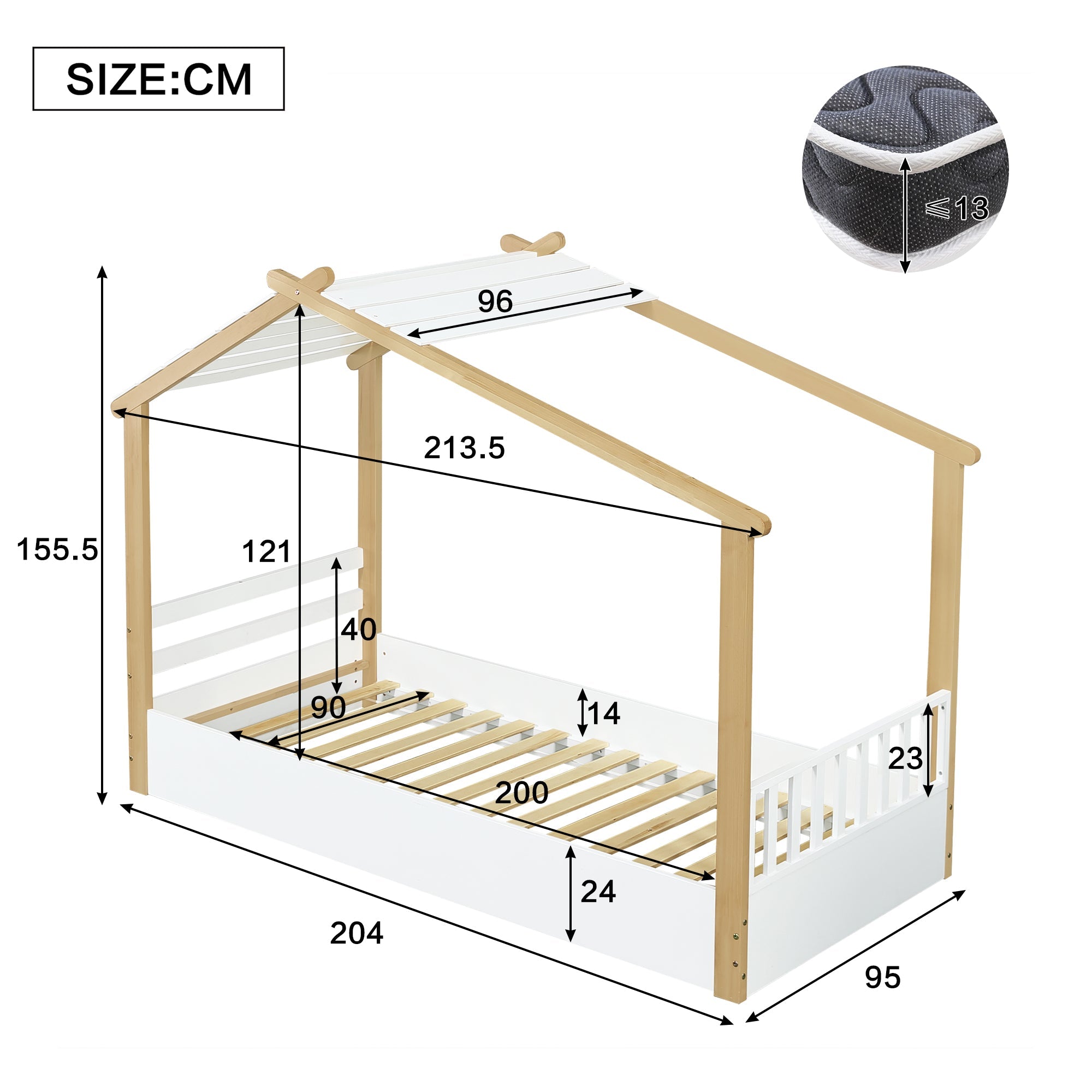 Wooden Bed, House Design Single with Slatted Frame, Pine & MDF White & Natural