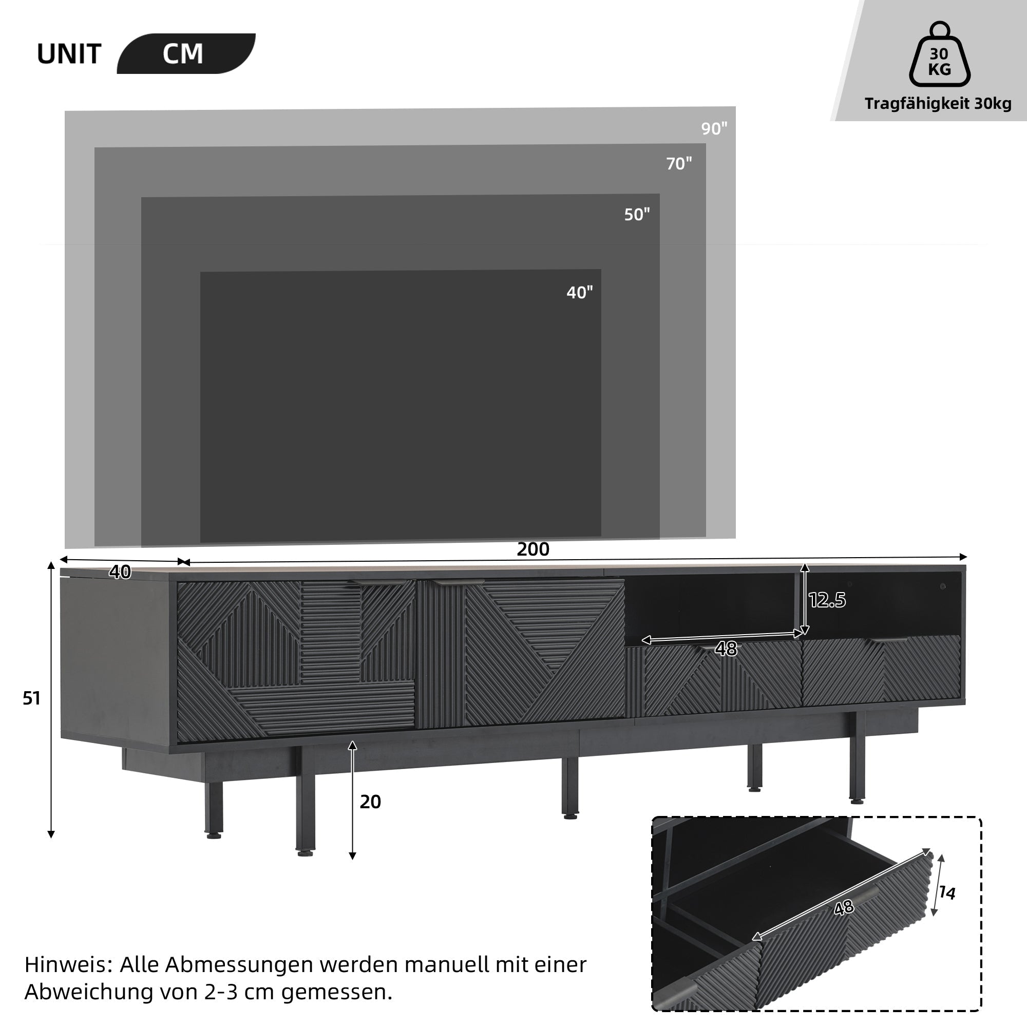 TV Cabinet, Modern Bohemian, Abstract Geometric, 90-inch, Black