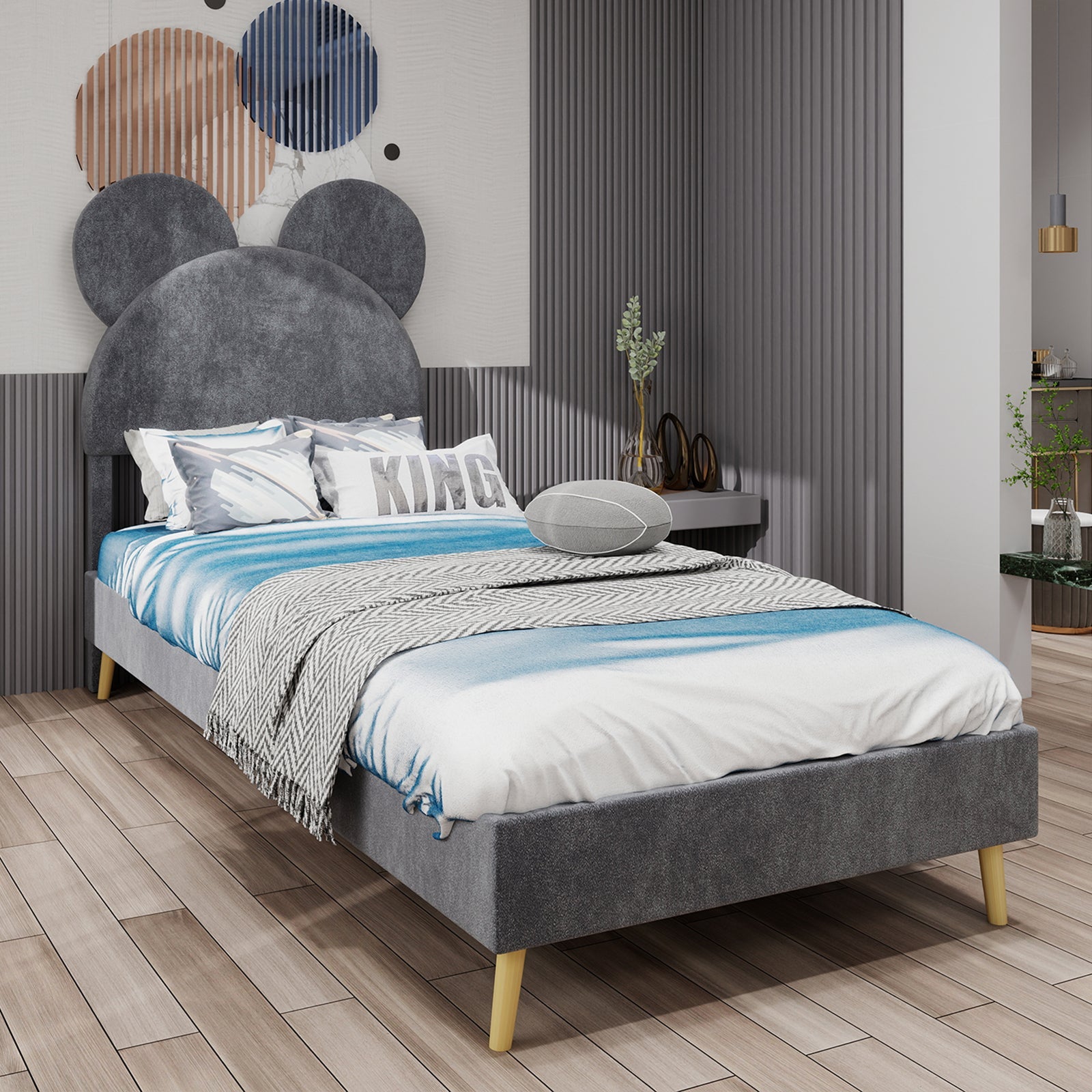Upholstered Bed, Modern Minimalist, Cartoon-Design Headboard, 140x200 cm, Grey