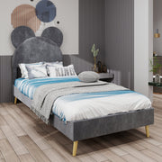 Upholstered Bed, Modern Minimalist, Cartoon-Design Headboard, 140x200 cm, Grey