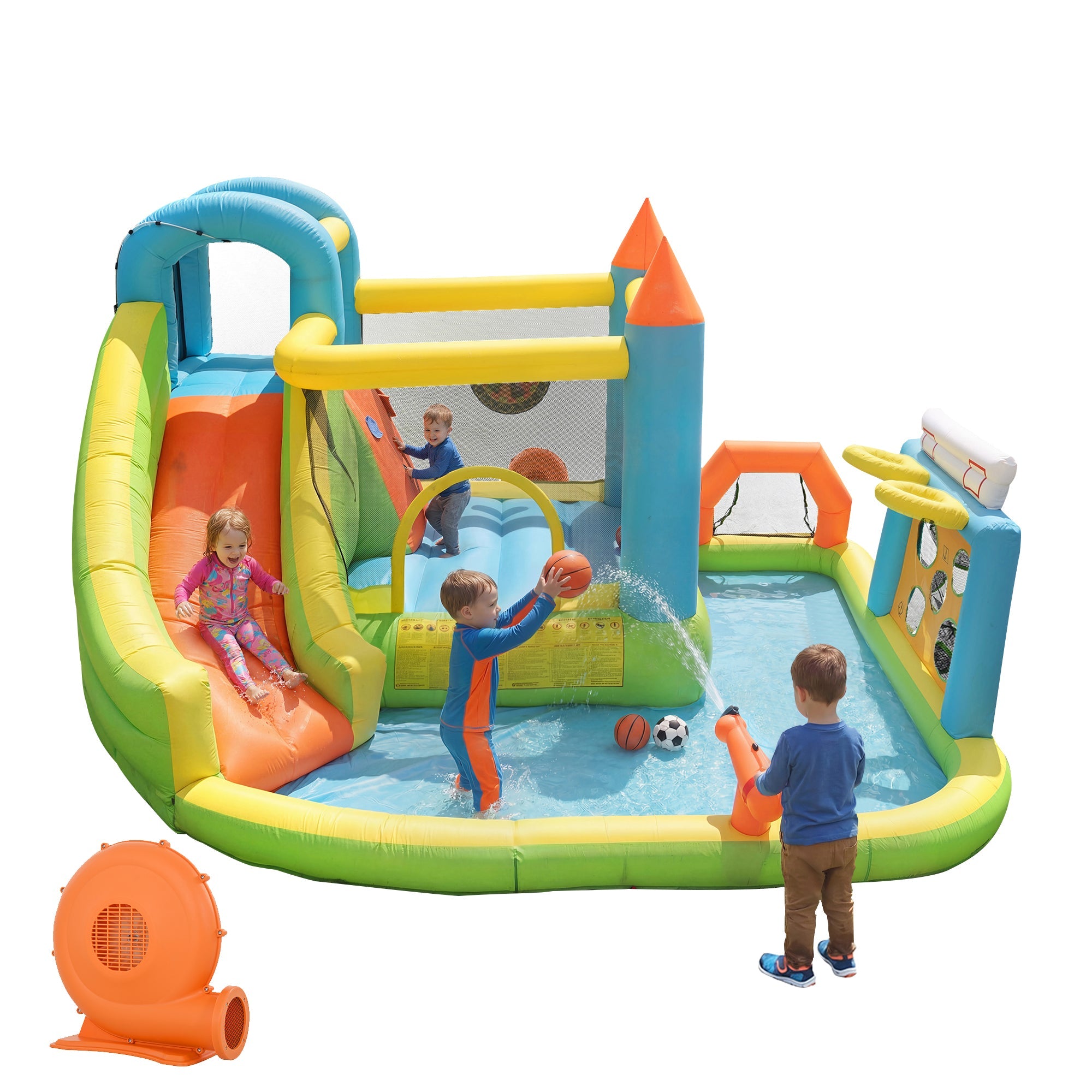 Inflatable Bouncy Castle with Slide, Water Pool and Basketball Hoop, 360x320x200cm, Multicolor