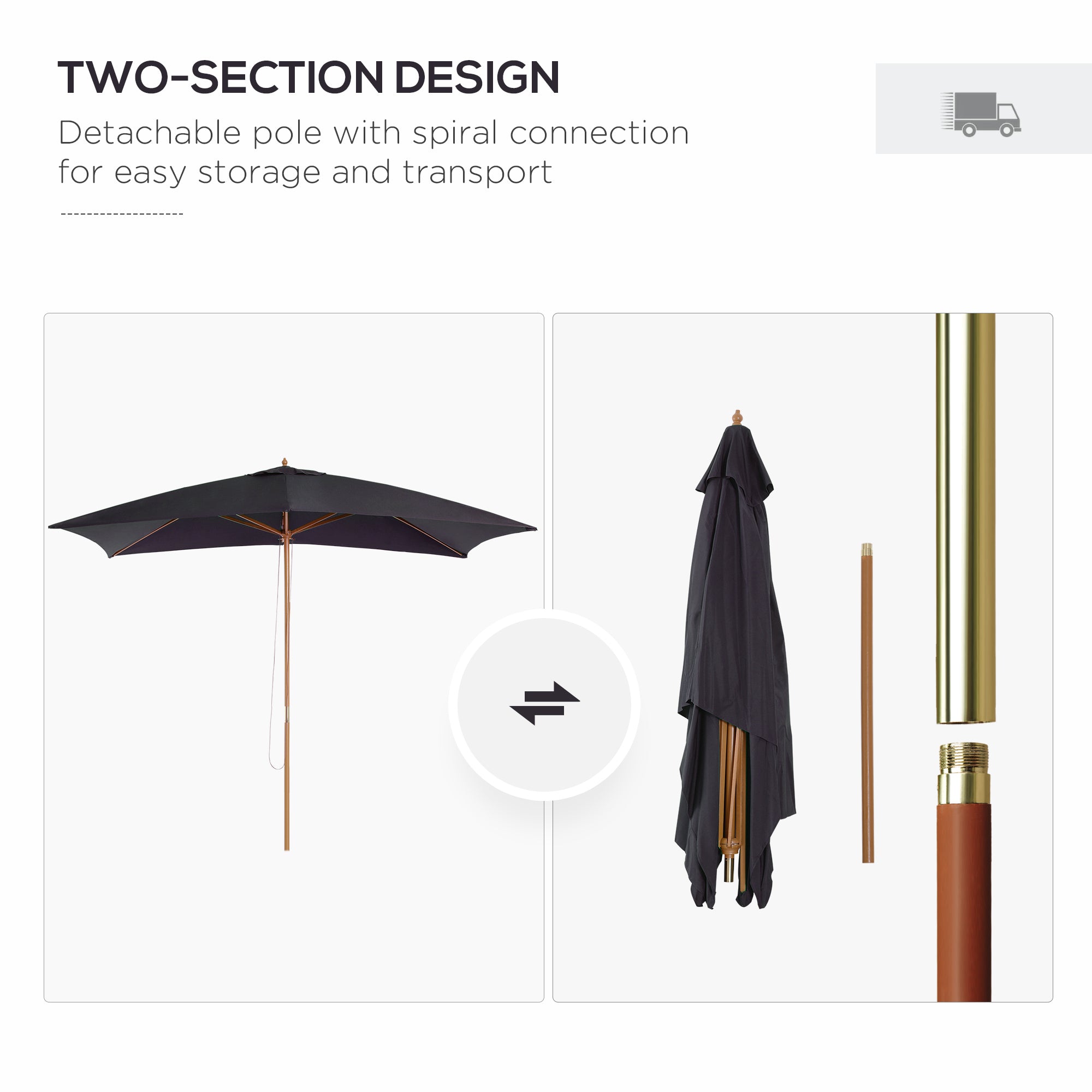 Garden Parasol Umbrella, 2 x 3m Outdoor Shade Canopy, Wooden, Black