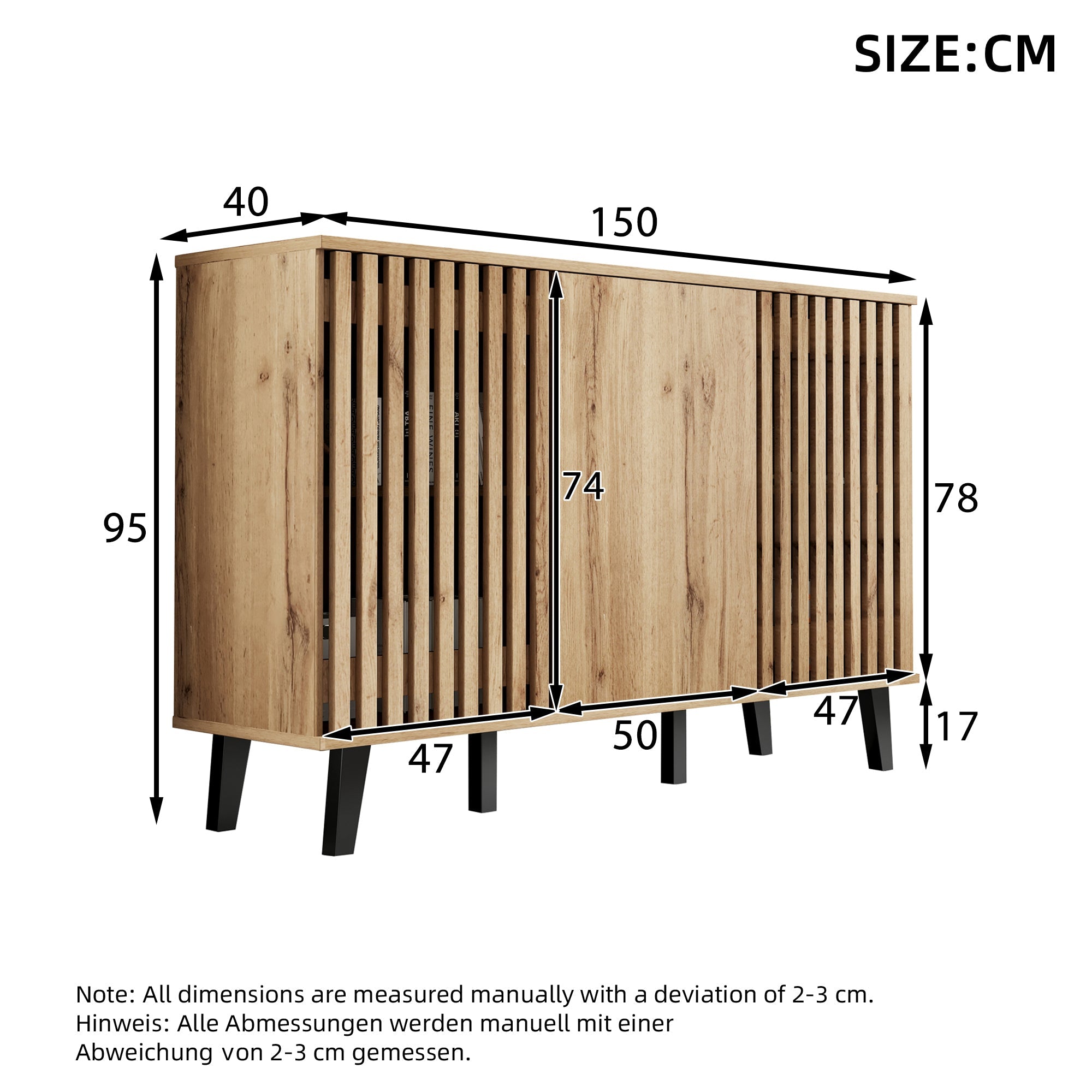Side Cabinet 150x40x95cm, 3-Door 6 Storage Compartments, Sideboard Table