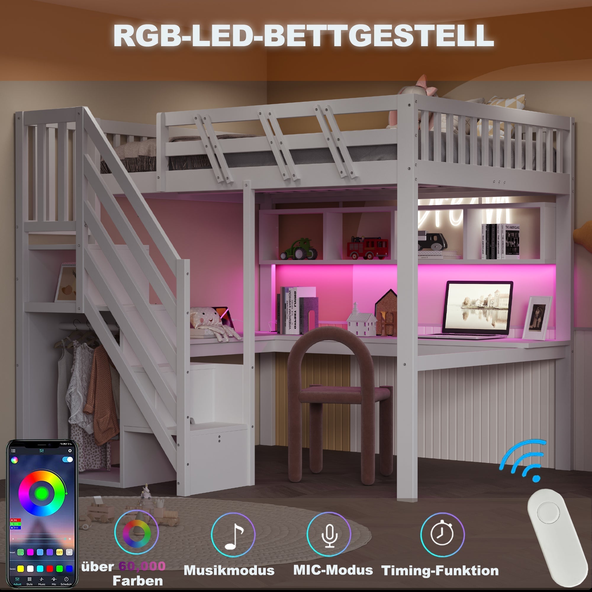 Solid Wood Loft Bed 140x200 with Desk, Storage Stairs, USB and LED, White