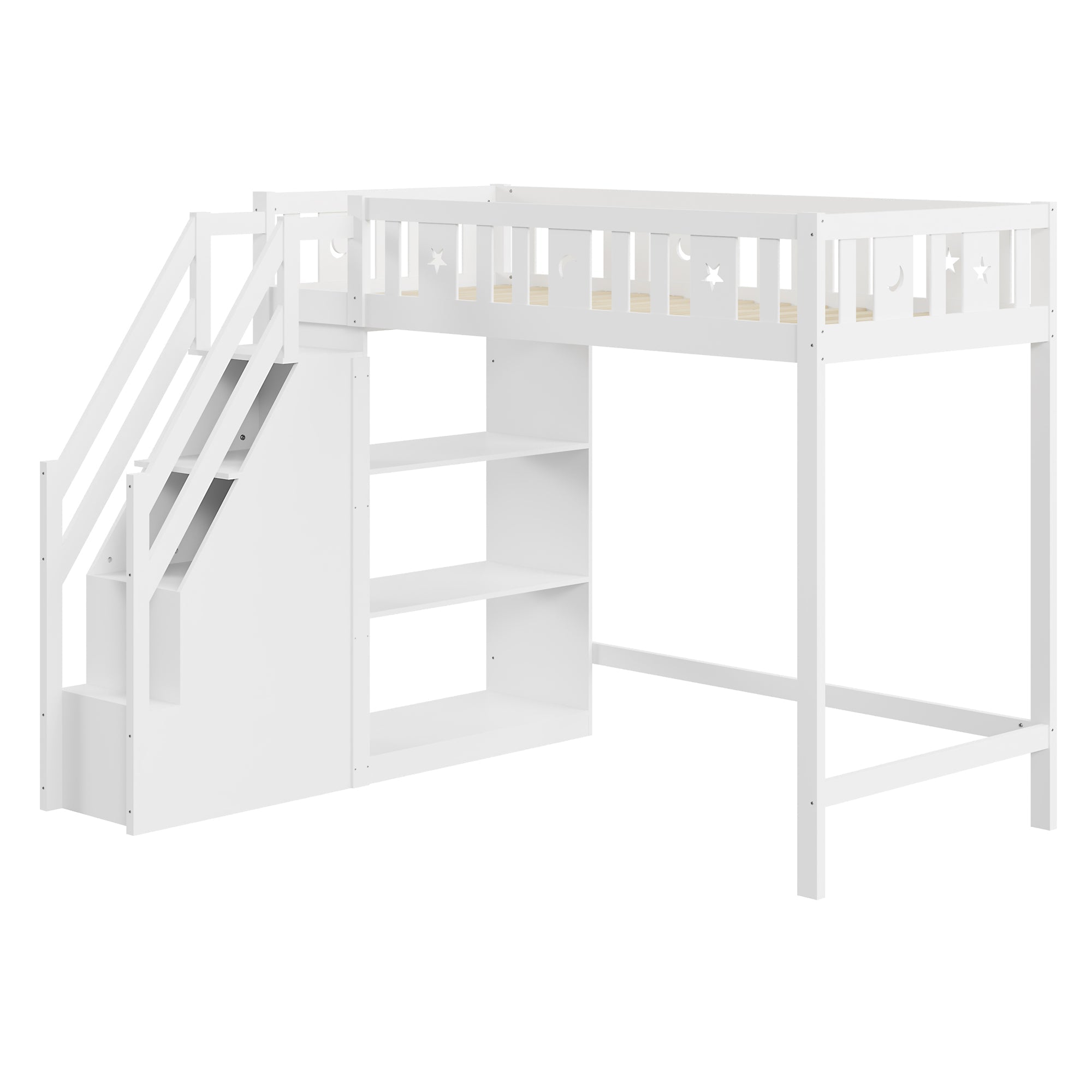 Loft Bed with Storage Ladder & Shelves, Single Wooden, Solid Wood Frame, White