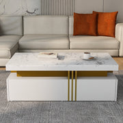 Modern White Rectangular Coffee Table with Marble Pattern Top and 2 Wooden Drawers