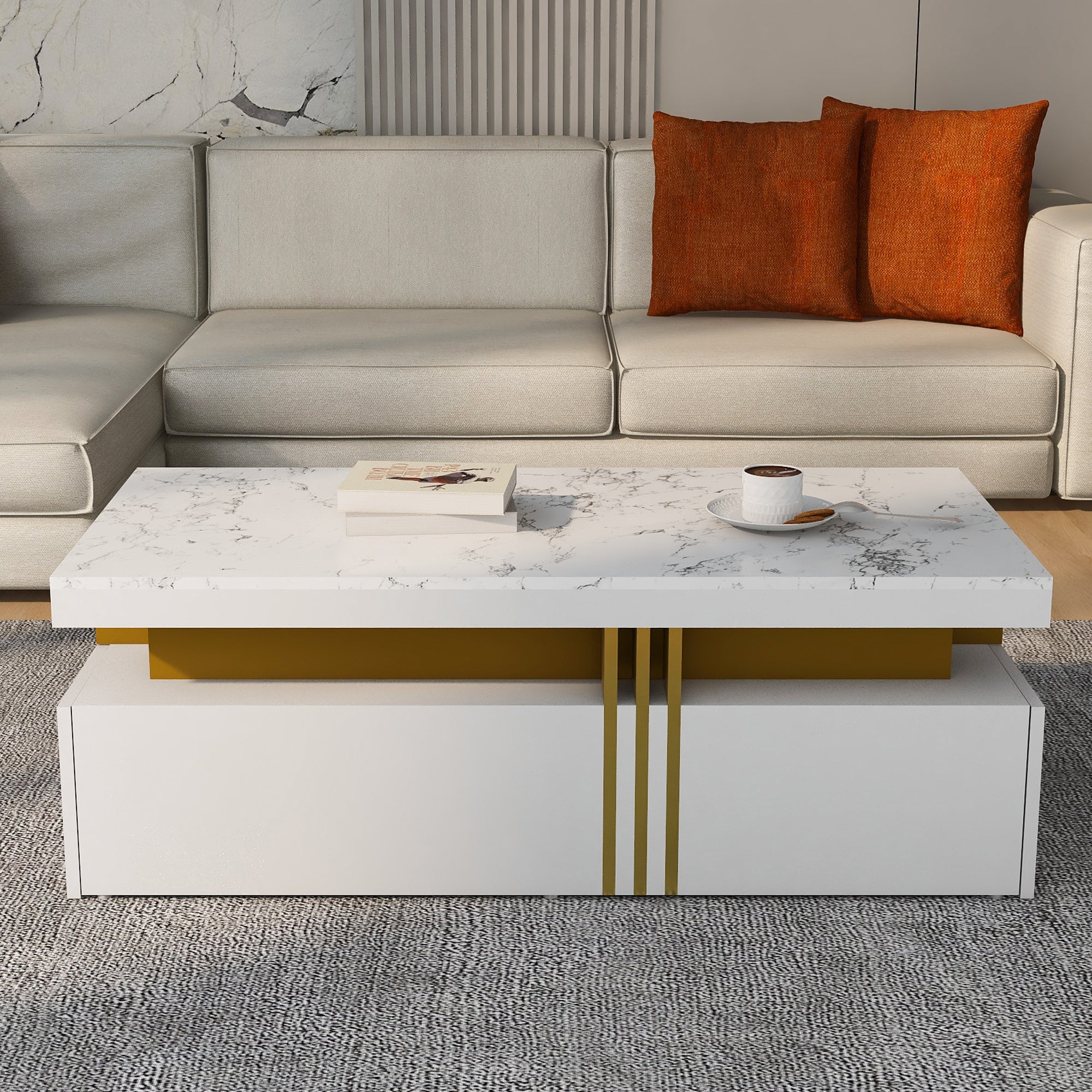 Modern White Rectangular Coffee Table with Marble Pattern Top and 2 Wooden Drawers