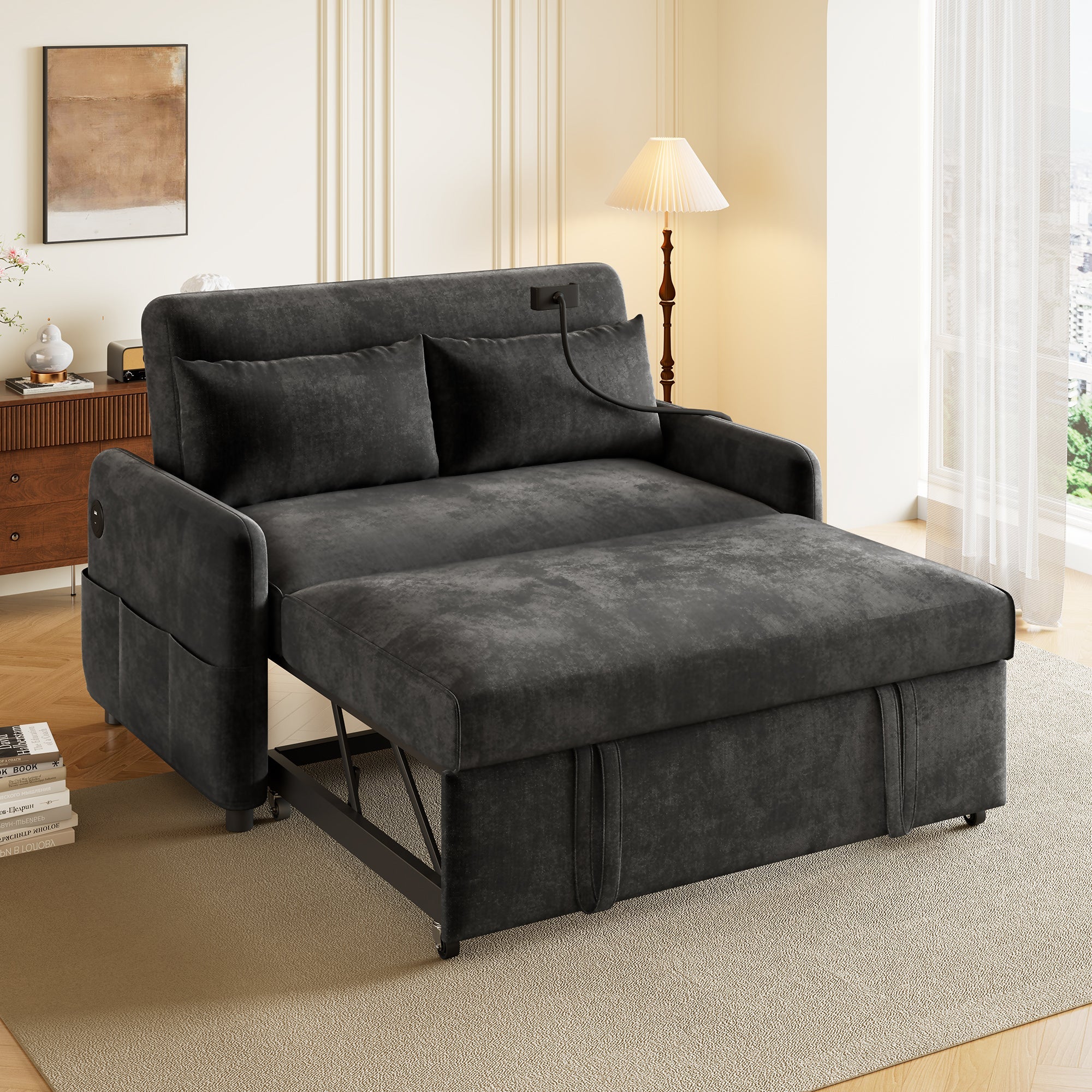 Sofa Bed, Modern Double Folding with Adjustable Backrest, Mobile Holder & USB Port