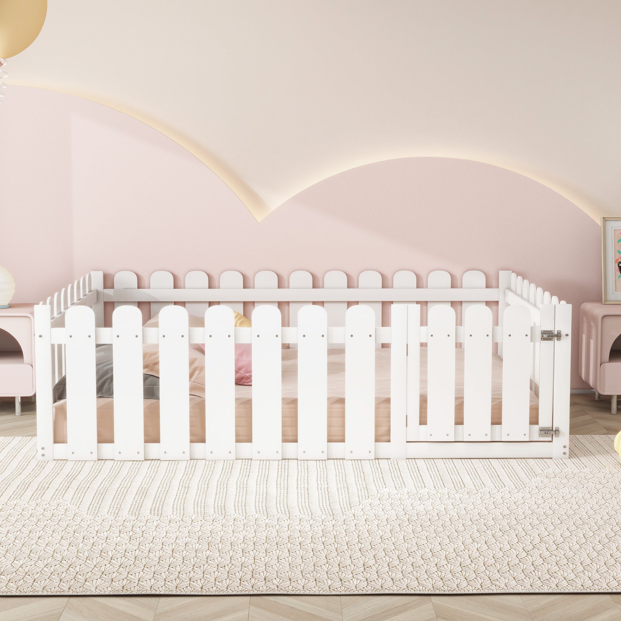 Children's Bed 140x200cm, Wooden Frame with Door & Surround, White