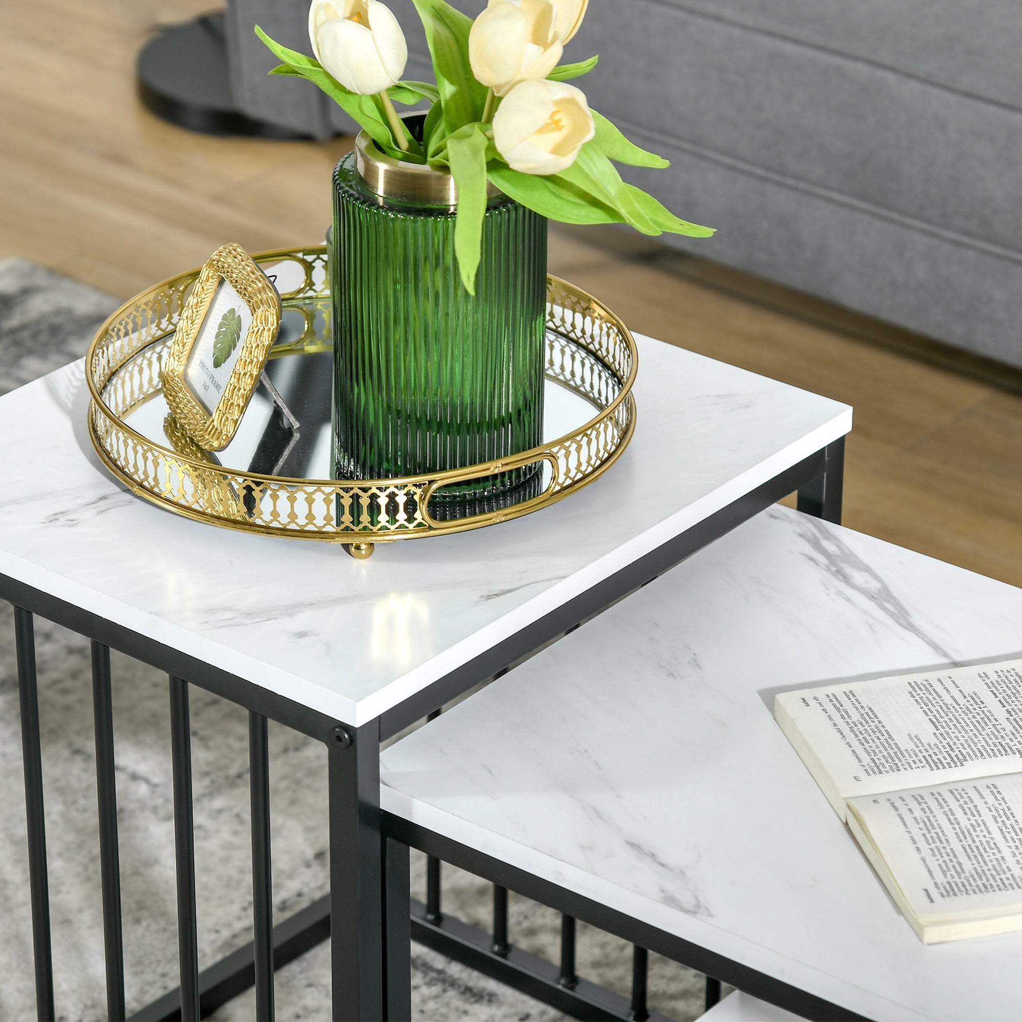 Coffee Table Set of 2 Nesting Modern Marble Look, Steel