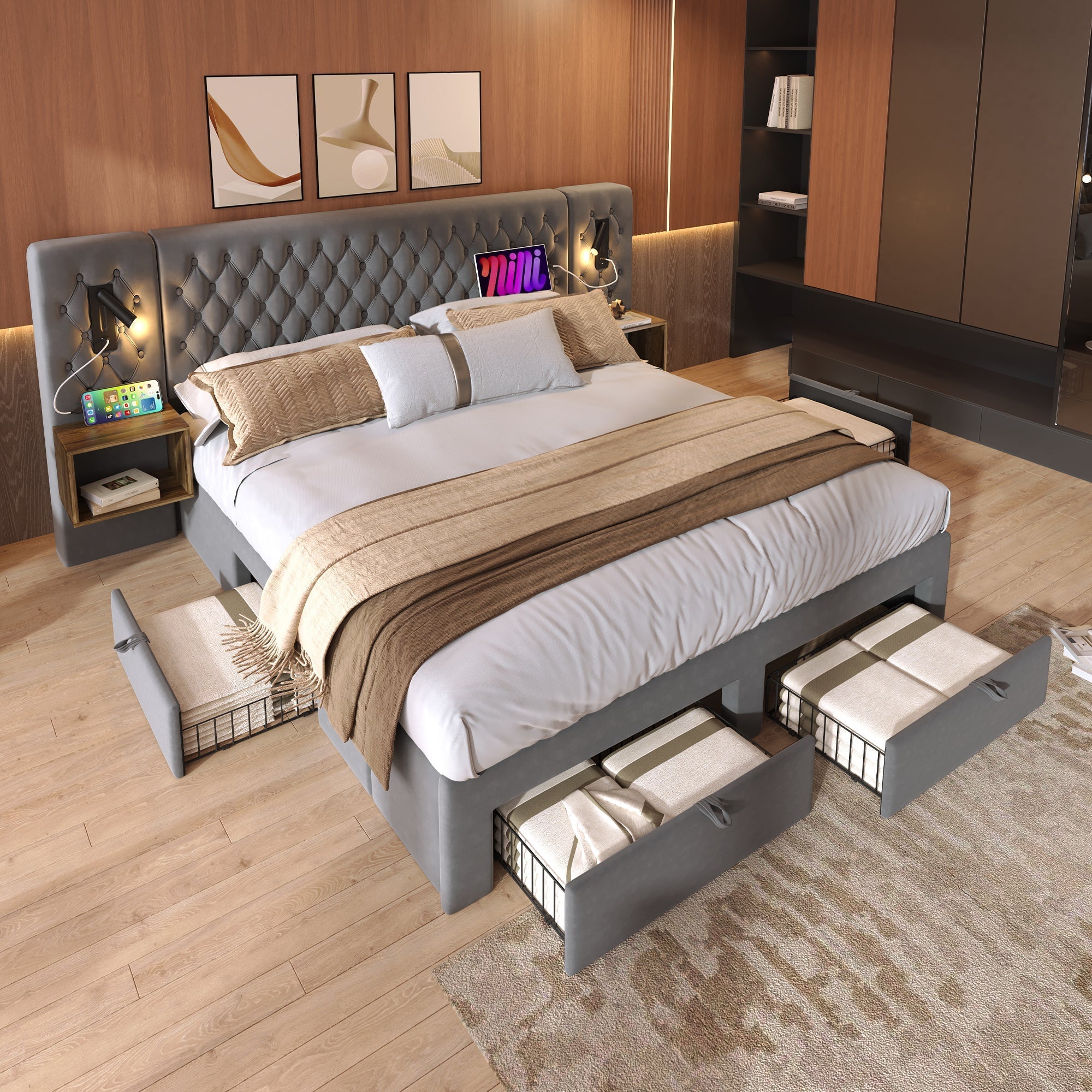 Bedroom Set, Upholstered Double Bed 160×200 cm with 2 Nightstands & 4 Drawers, Headboard Reading Light with USB Charging, Gray Velvet (With Mattress)