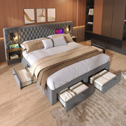 Bedroom Set, Upholstered Double Bed with 2 Nightstands & 4 Drawers, USB Reading Light, Gray Velvet