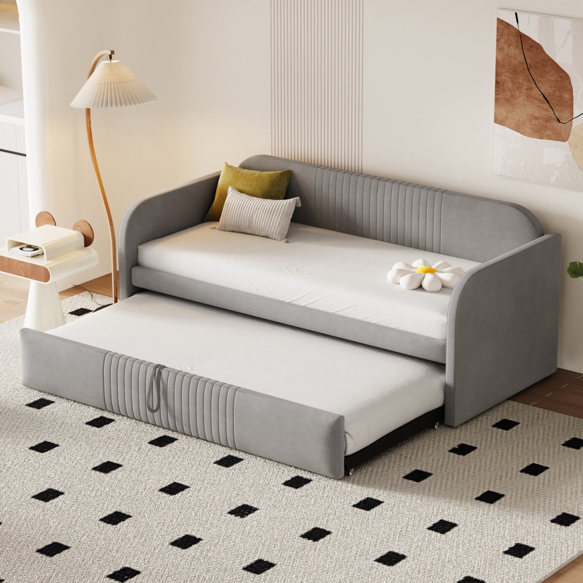 Upholstered Bed, Pull-Out Sofa Bed with Slatted Frame, Multifunctional, Light Grey Linen