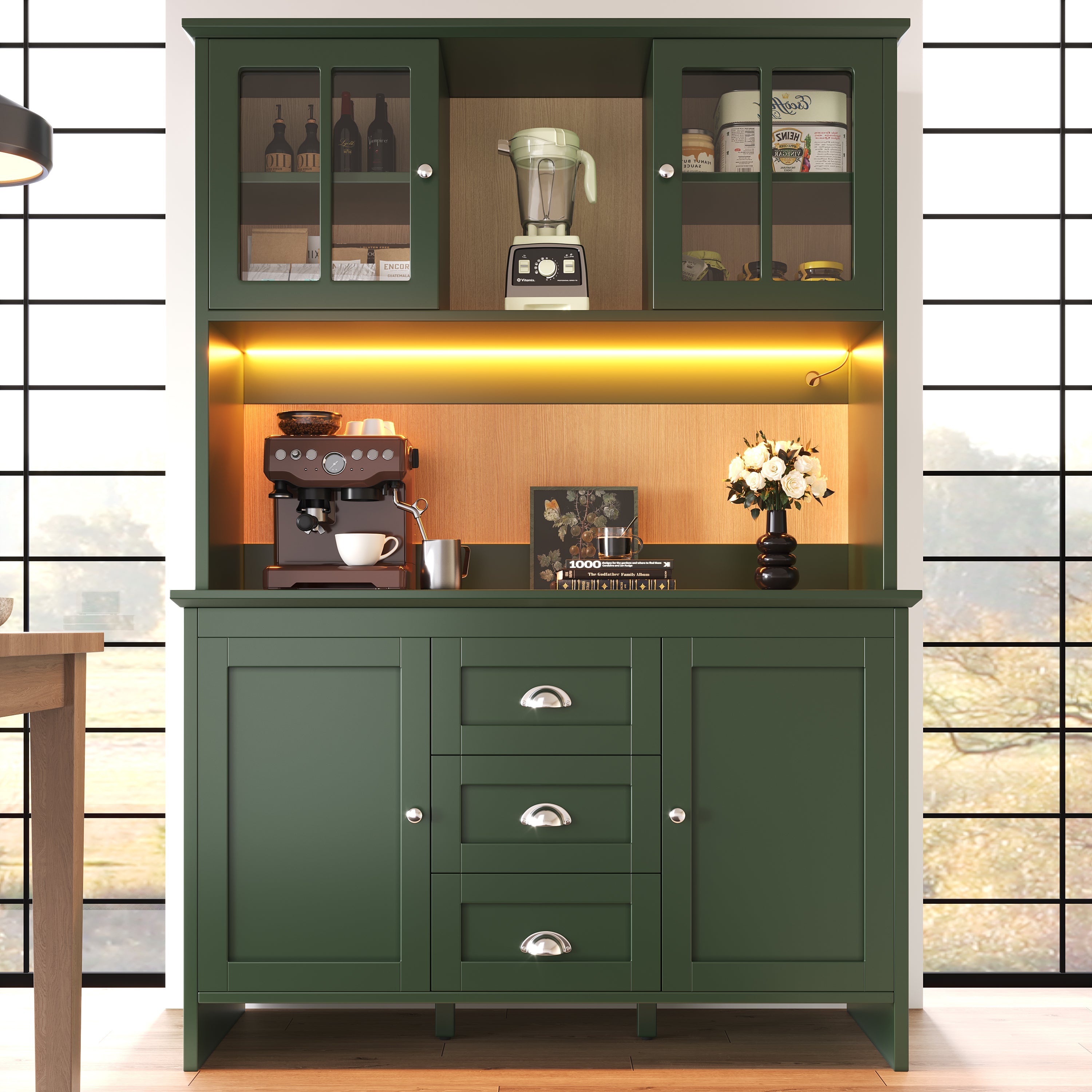 Tall Kitchen Cabinet Sideboard with Brown Glass Doors and LED Lighting, Green