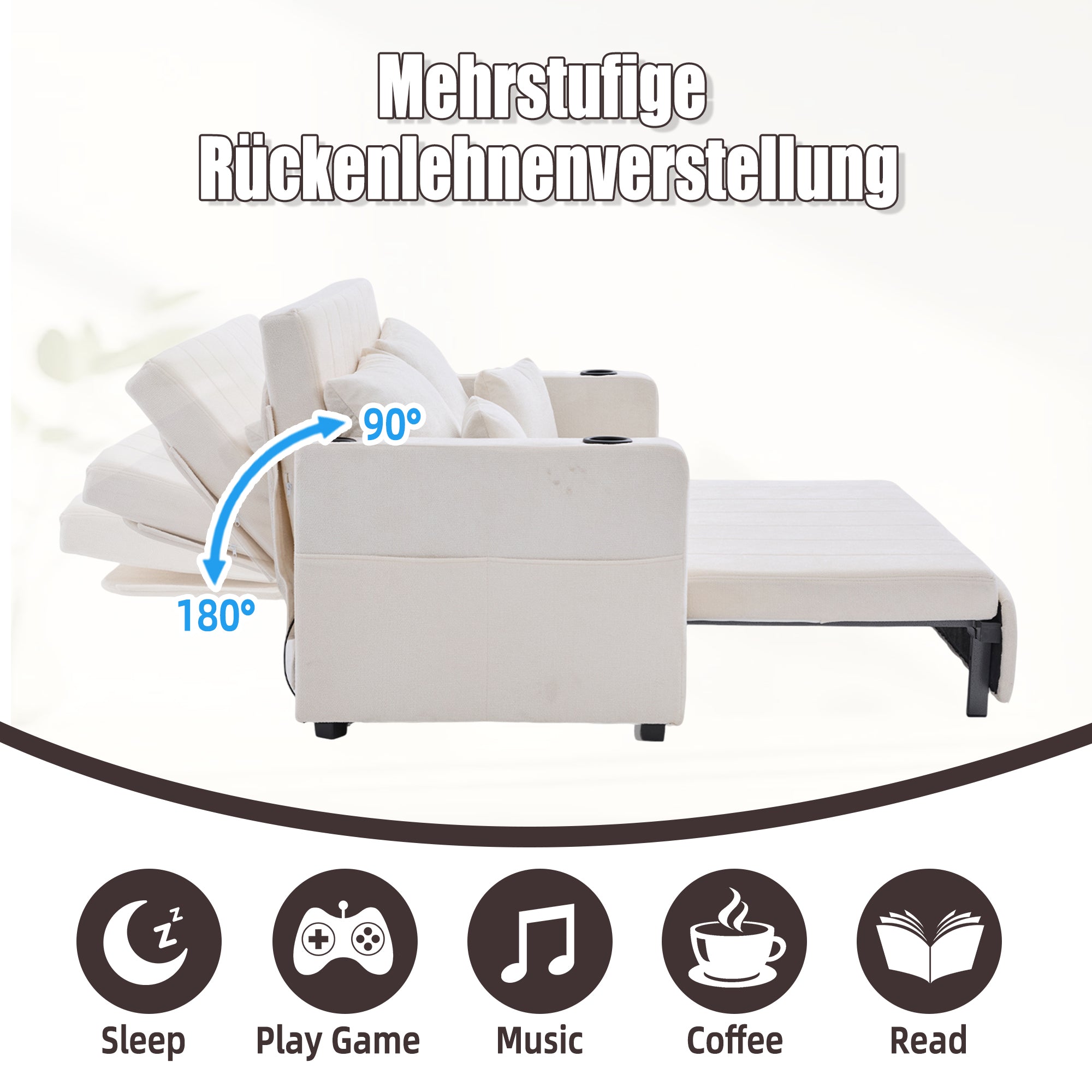 Sofa, Multifunctional Folding Pull-Out with USB & Cup Holder, Fabric