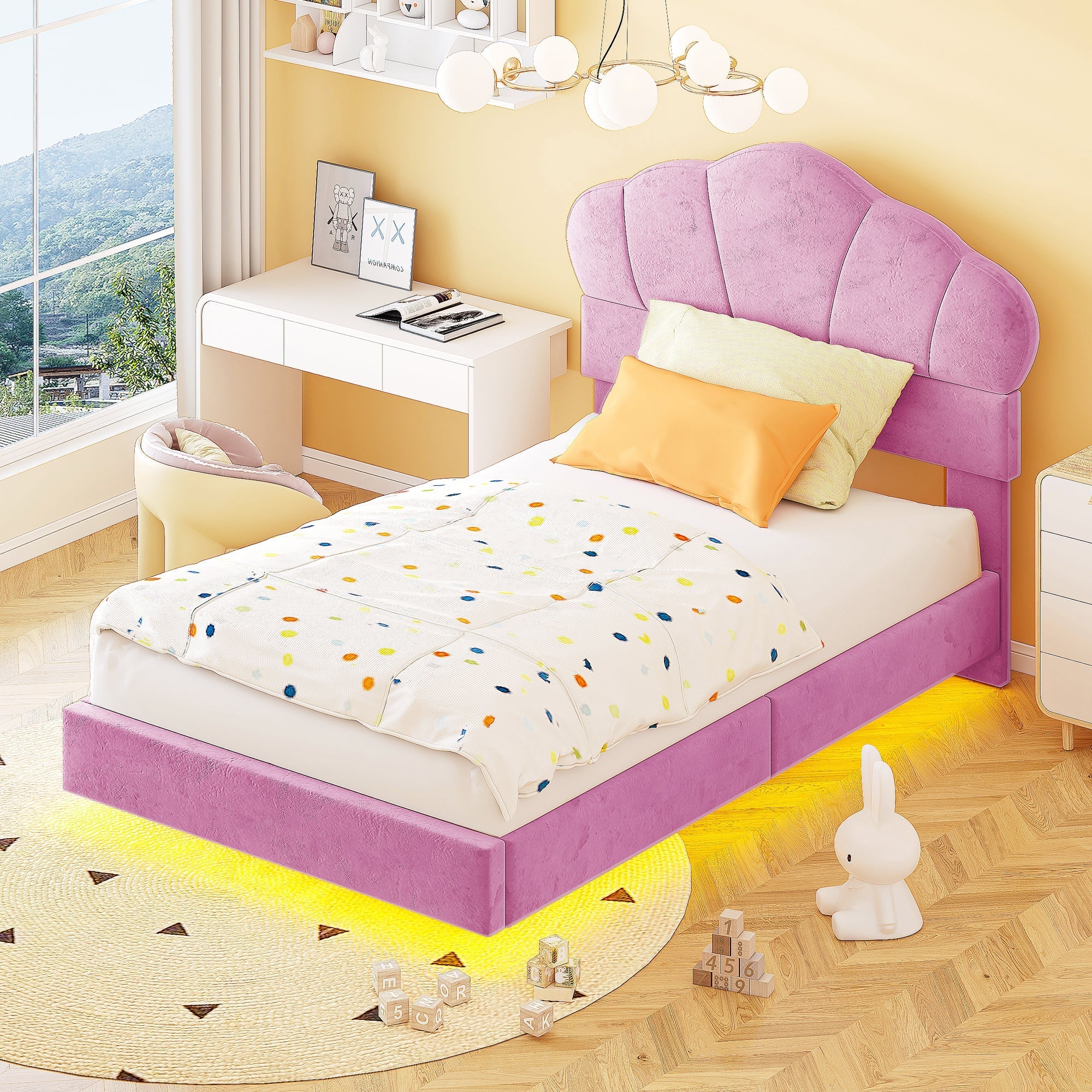 Upholstered Bed 90x200cm LED Cloud Headboard Children's Youth Velvet Pink