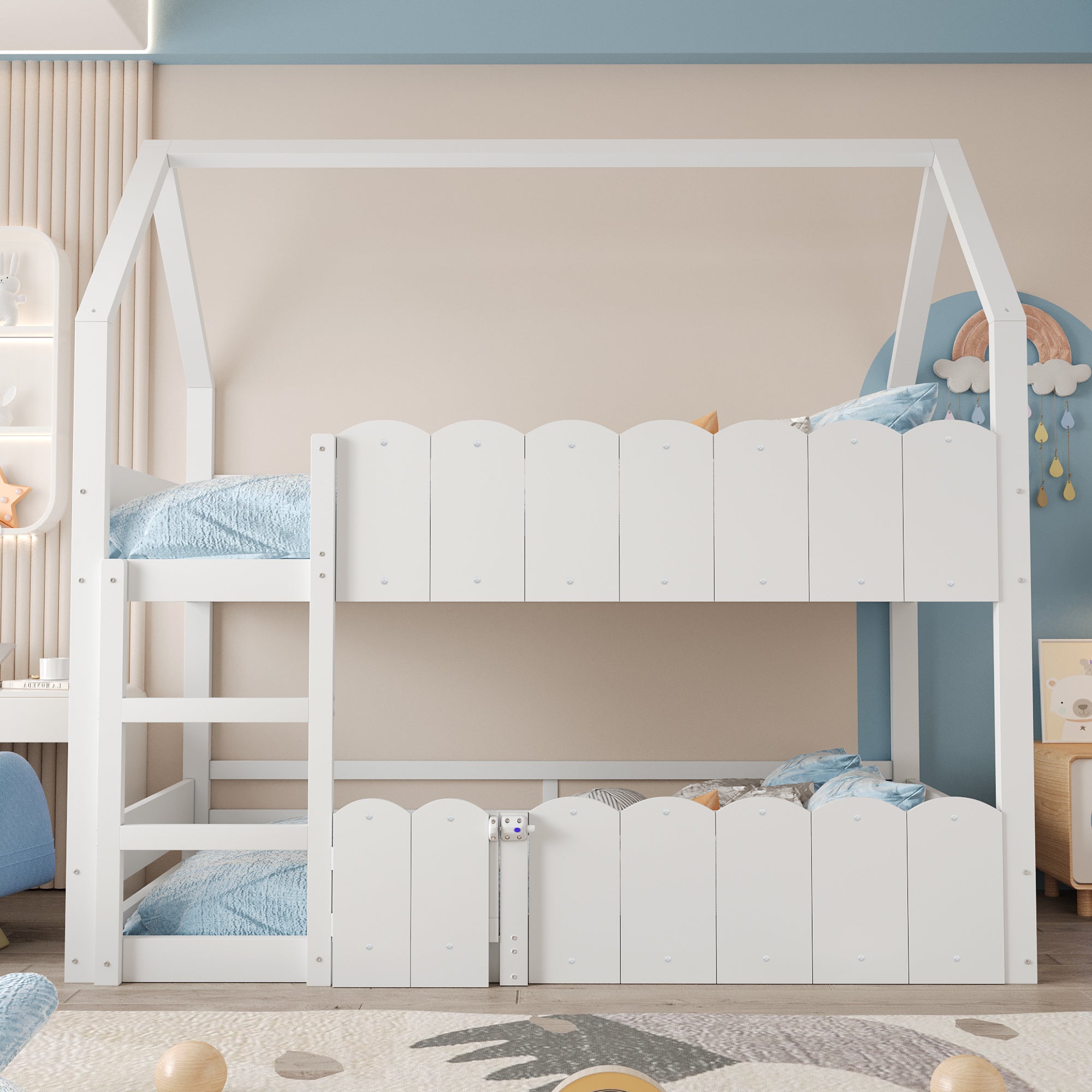 Children's Bunk Bed 90x200cm House Design Slatted Base White